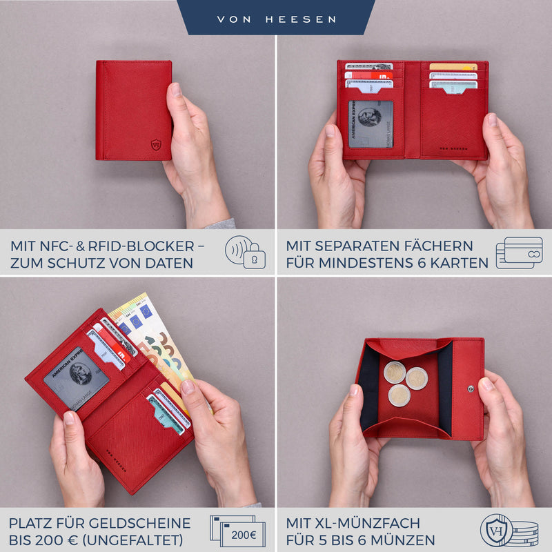 Geldbörse mit RFID-Schutz, 8 Kartenfächer und XXL-Münzfach (Saffiano)