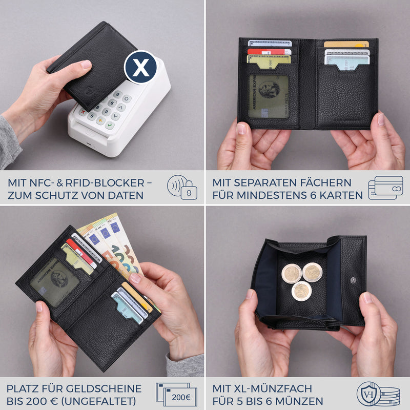 Geldbörse mit RFID-Schutz, 8 Kartenfächer und XXL-Münzfach (Genarbt)