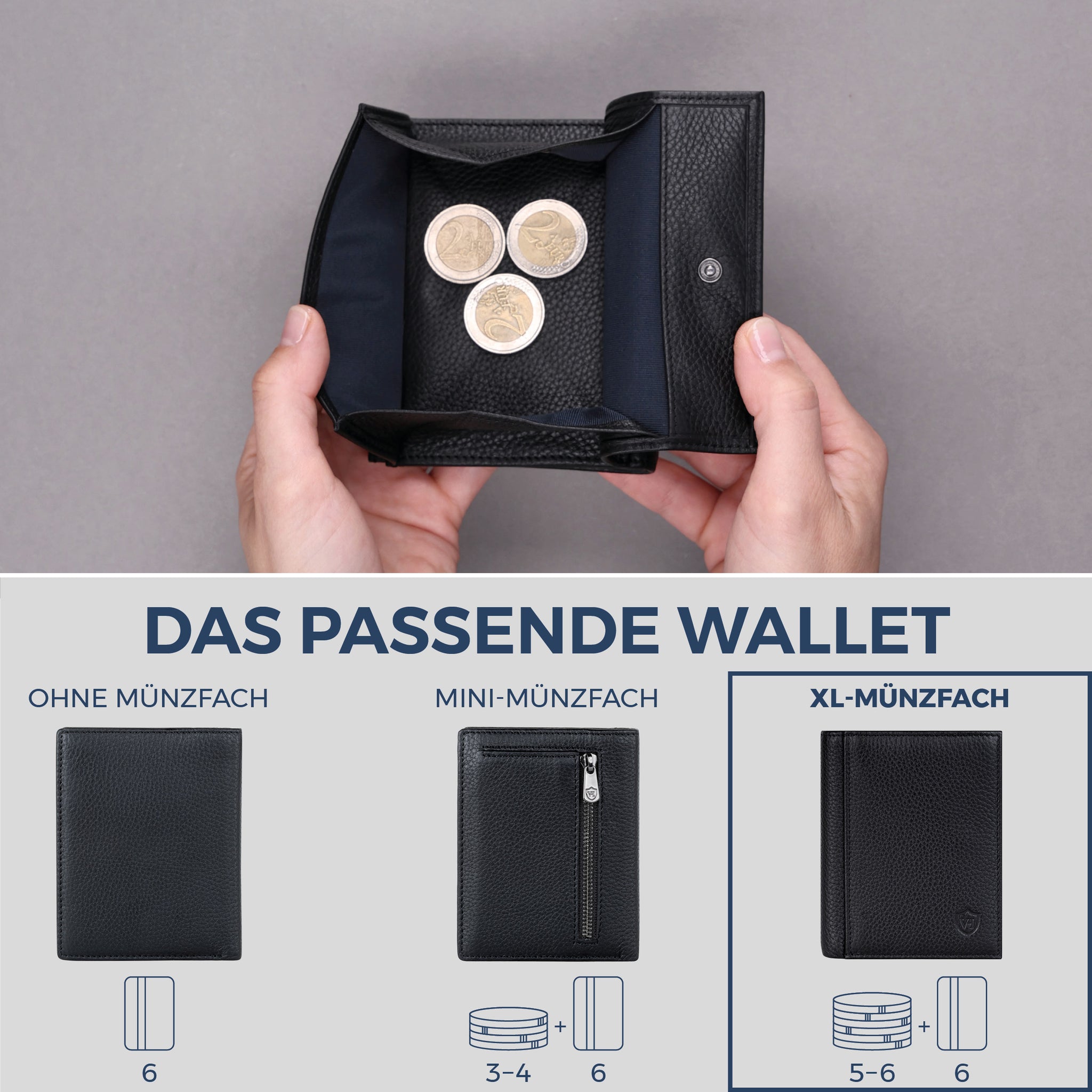 Geldbörse mit RFID-Schutz, 8 Kartenfächer und XXL-Münzfach (Genarbt)