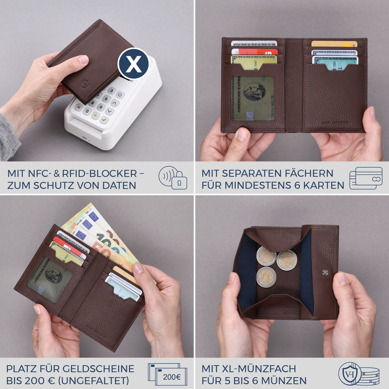 Geldbörse mit RFID-Schutz, 8 Kartenfächer und XXL-Münzfach (Genarbt)