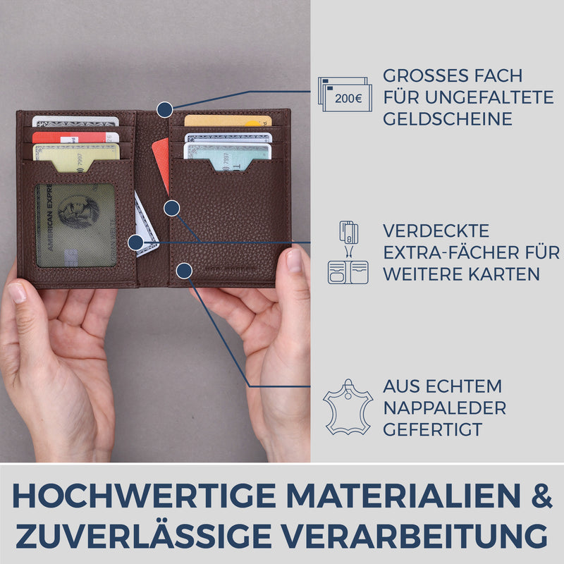 Geldbörse mit RFID-Schutz, 8 Kartenfächer und XXL-Münzfach (Genarbt)