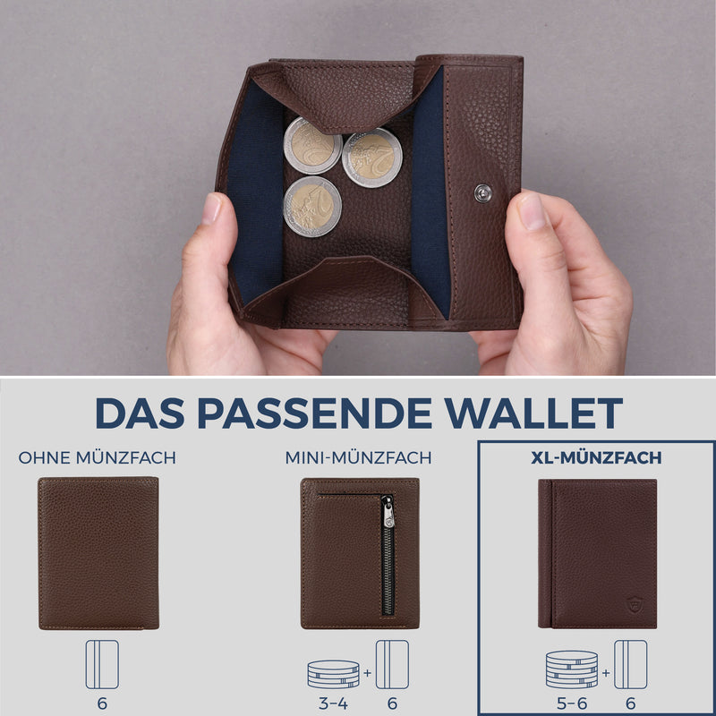 Geldbörse mit RFID-Schutz, 8 Kartenfächer und XXL-Münzfach (Genarbt)