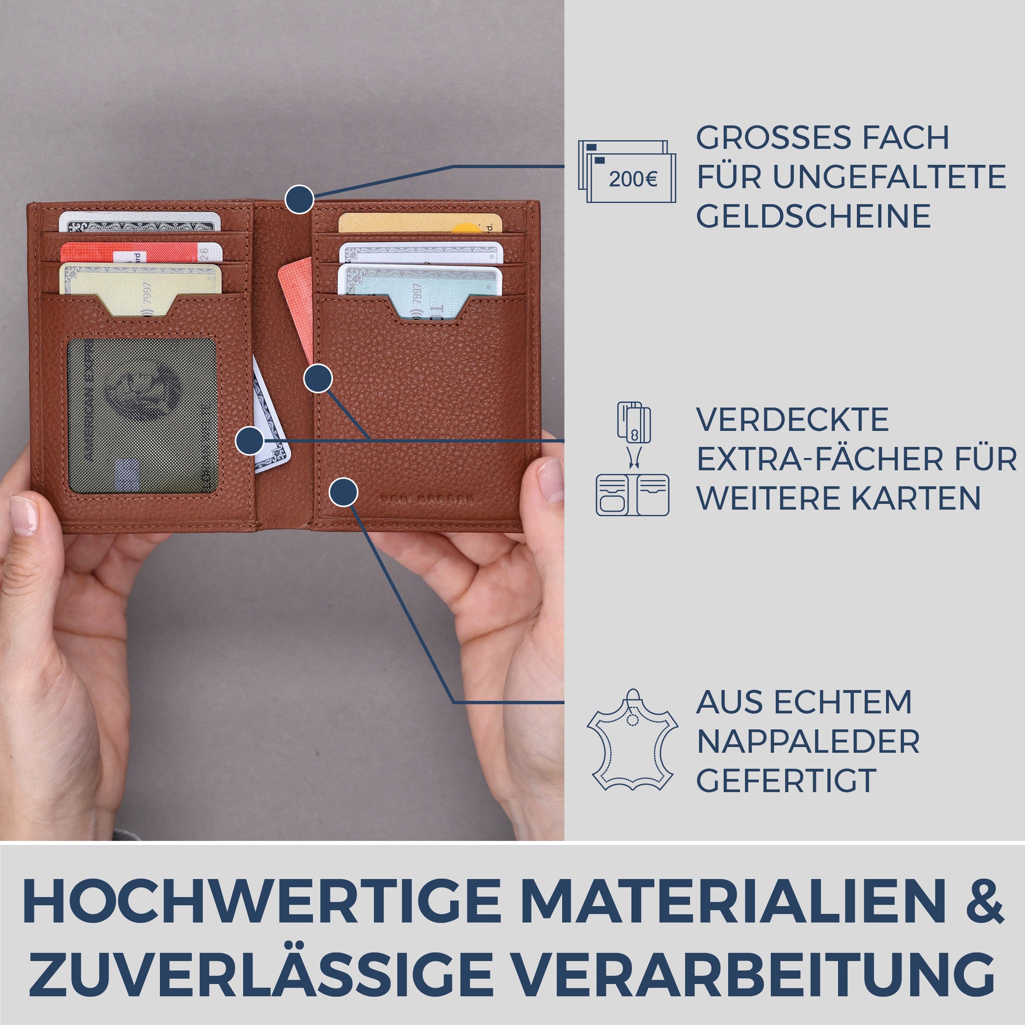 Geldbörse mit RFID-Schutz, 8 Kartenfächer und XXL-Münzfach (Genarbt)