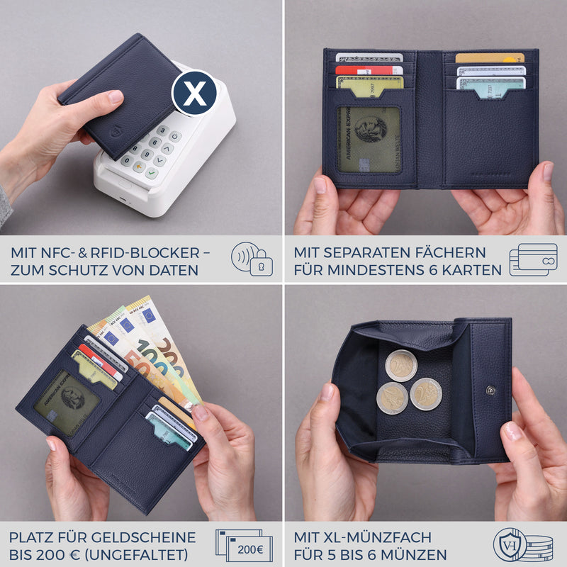 Geldbörse mit RFID-Schutz, 8 Kartenfächer und XXL-Münzfach (Genarbt)