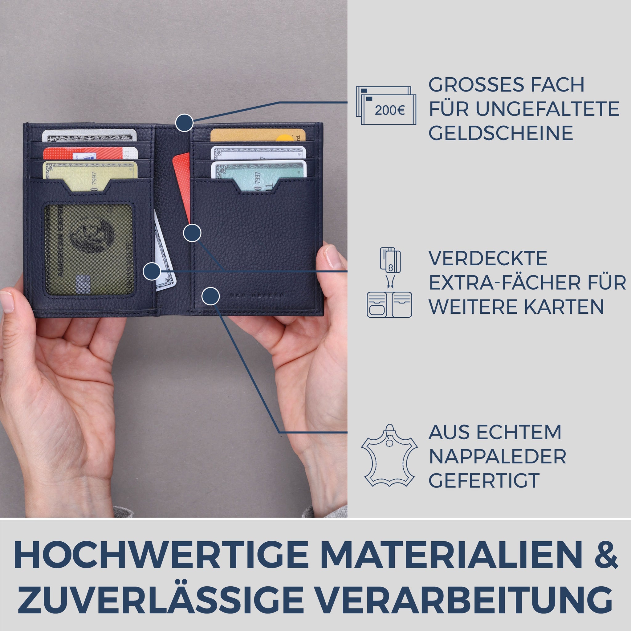 Geldbörse mit RFID-Schutz, 8 Kartenfächer und XXL-Münzfach (Genarbt)