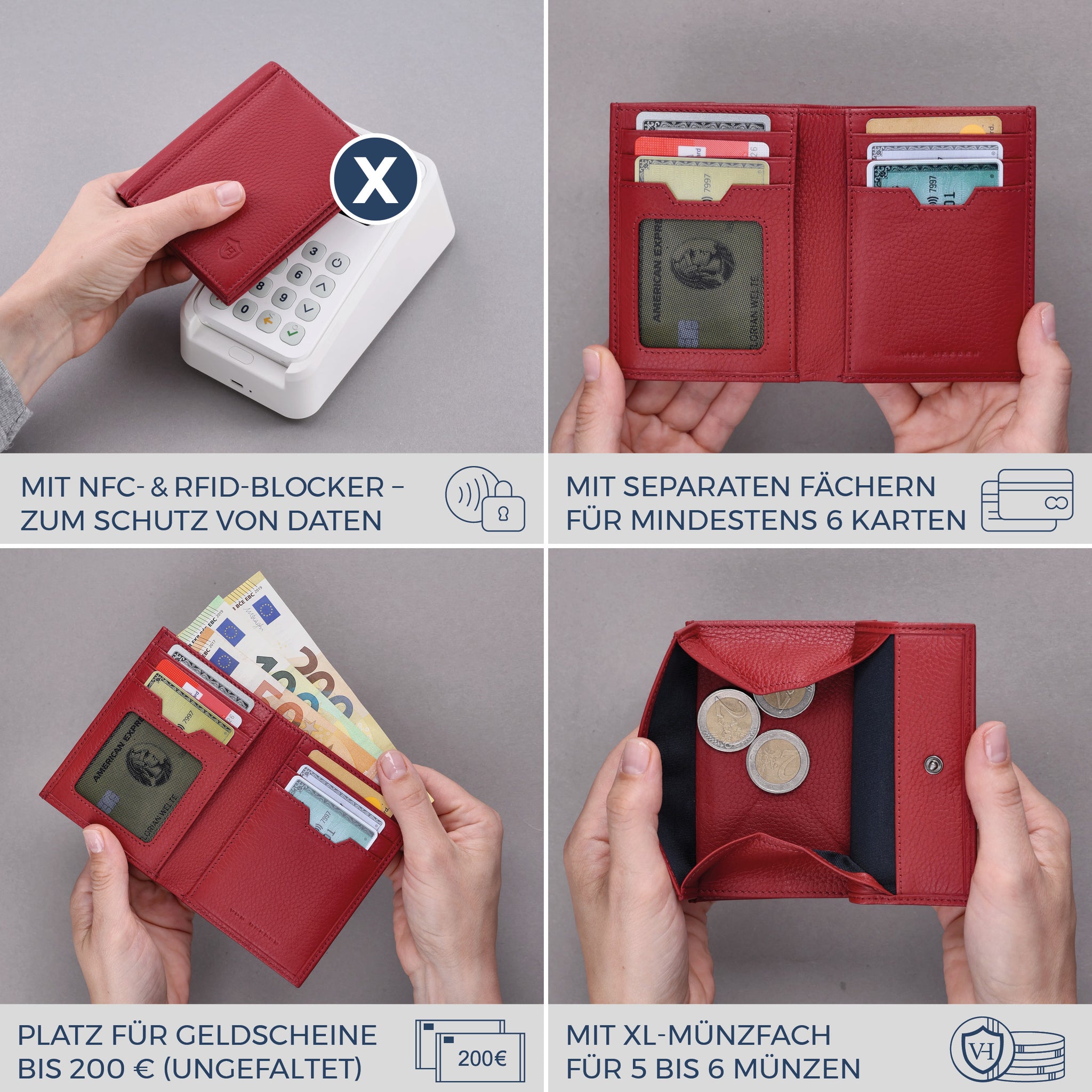 Geldbörse mit RFID-Schutz, 8 Kartenfächer und XXL-Münzfach (Genarbt)