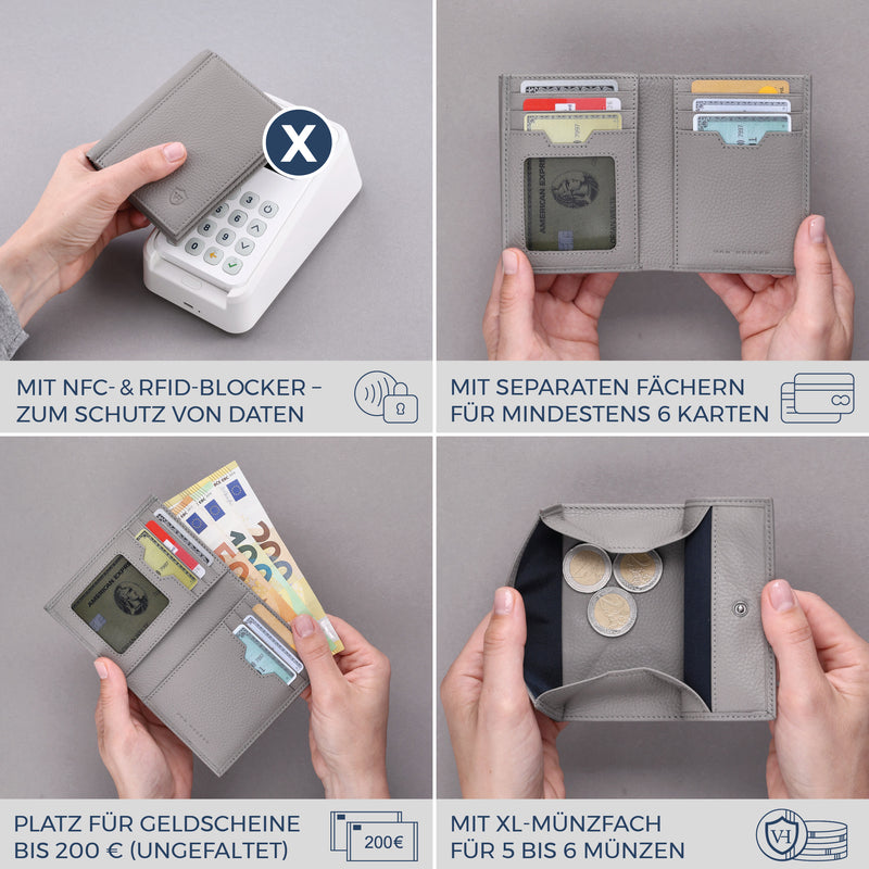 Geldbörse mit RFID-Schutz, 8 Kartenfächer und XXL-Münzfach (Genarbt)