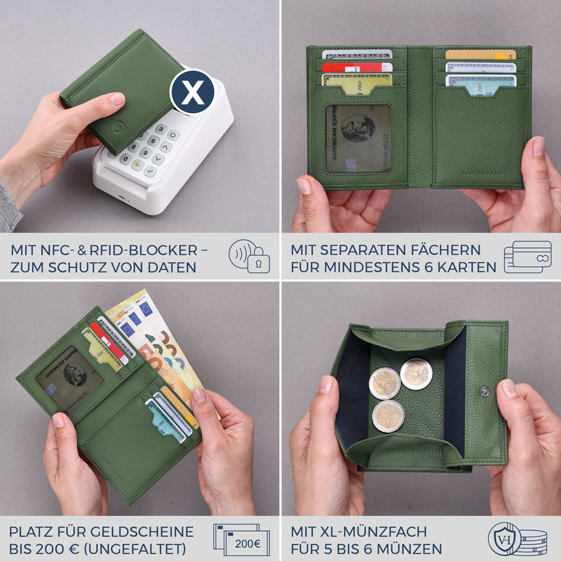 Geldbörse mit RFID-Schutz, 8 Kartenfächer und XXL-Münzfach (Genarbt)