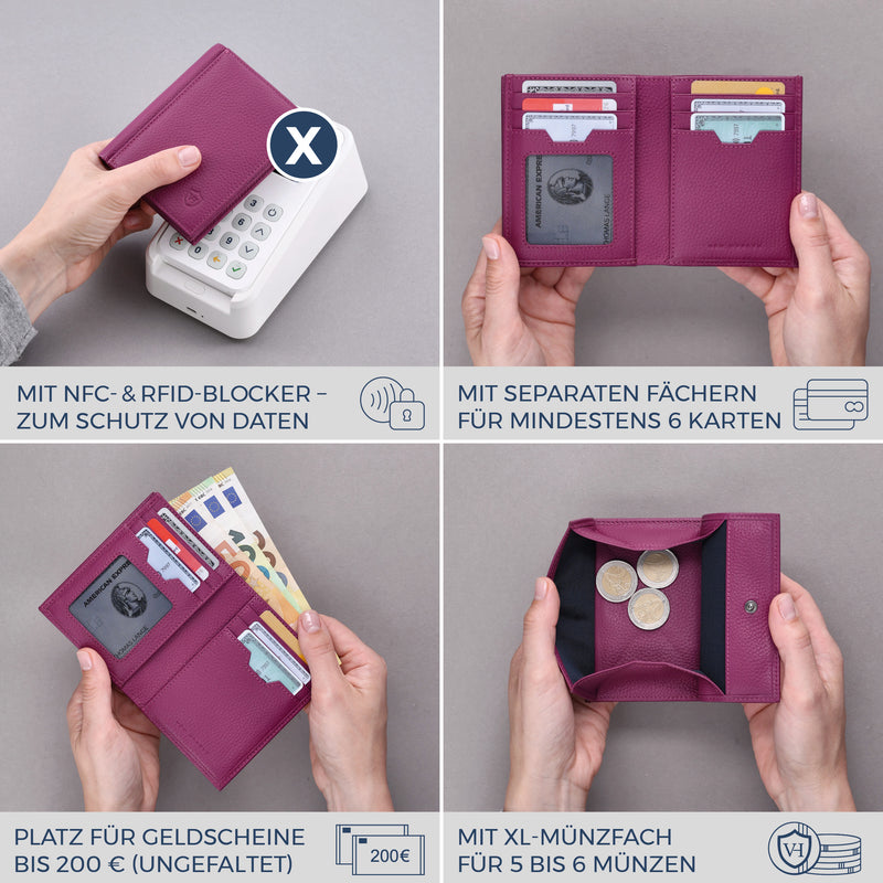 Geldbörse mit RFID-Schutz, 8 Kartenfächer und XXL-Münzfach (Genarbt)