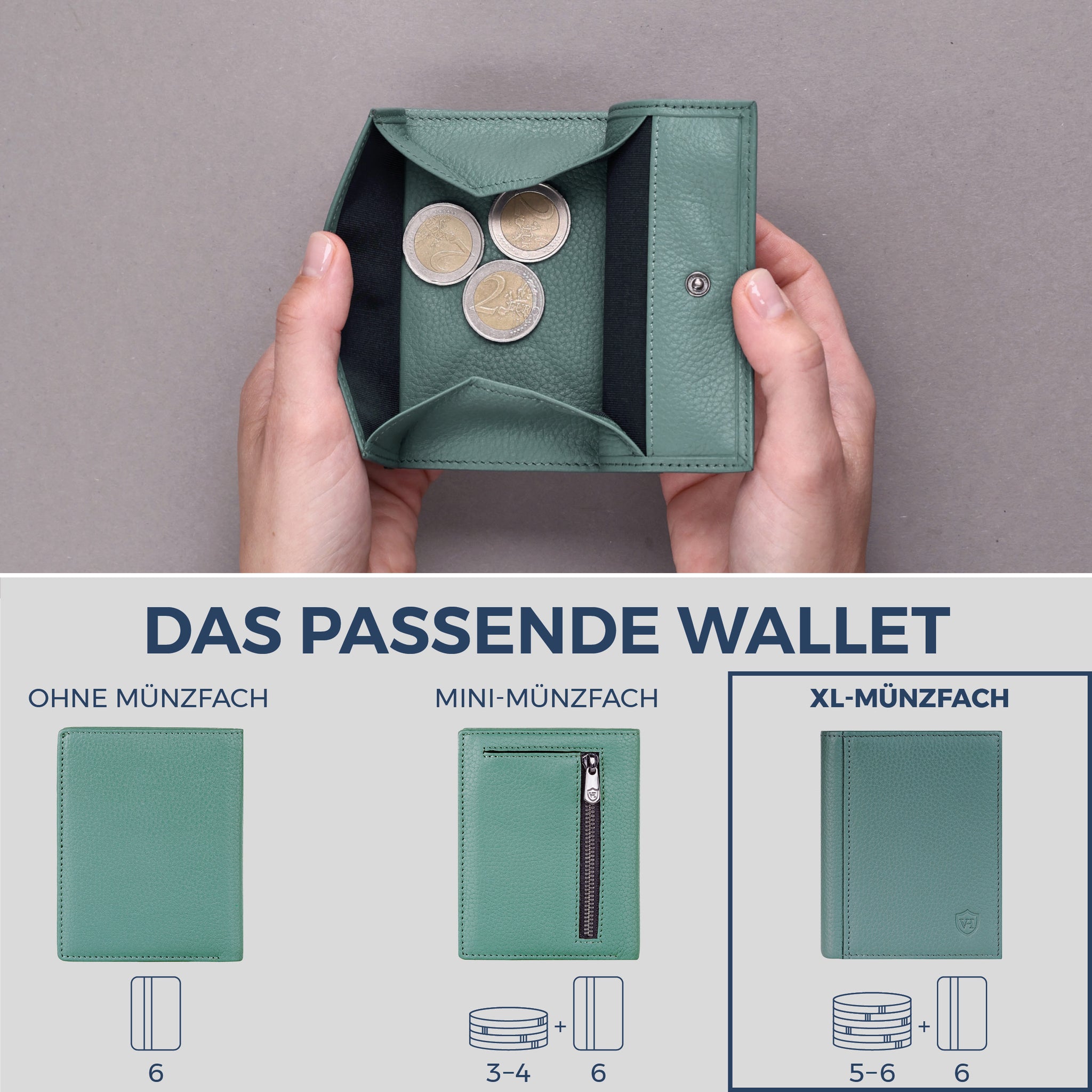 Geldbörse mit RFID-Schutz, 8 Kartenfächer und XXL-Münzfach (Genarbt)