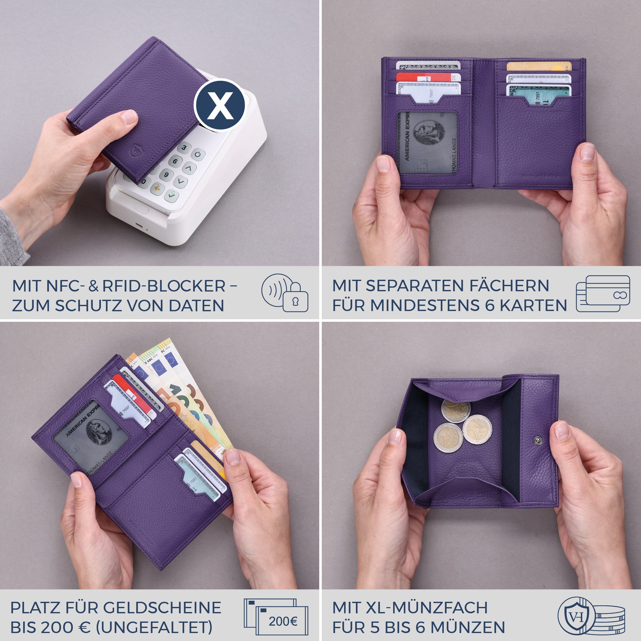Geldbörse mit RFID-Schutz, 8 Kartenfächer und XXL-Münzfach (Genarbt)