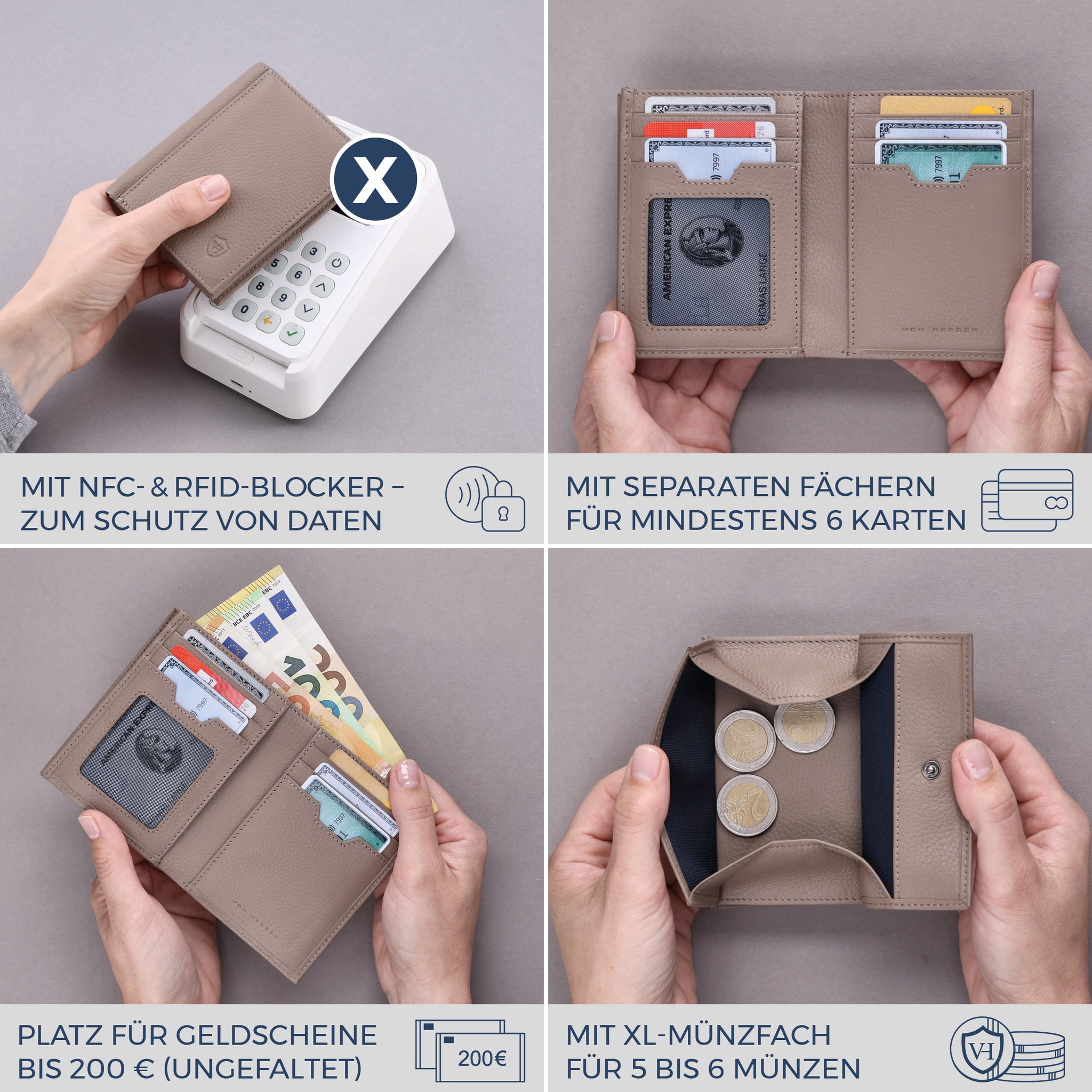 Geldbörse mit RFID-Schutz, 8 Kartenfächer und XXL-Münzfach (Genarbt)