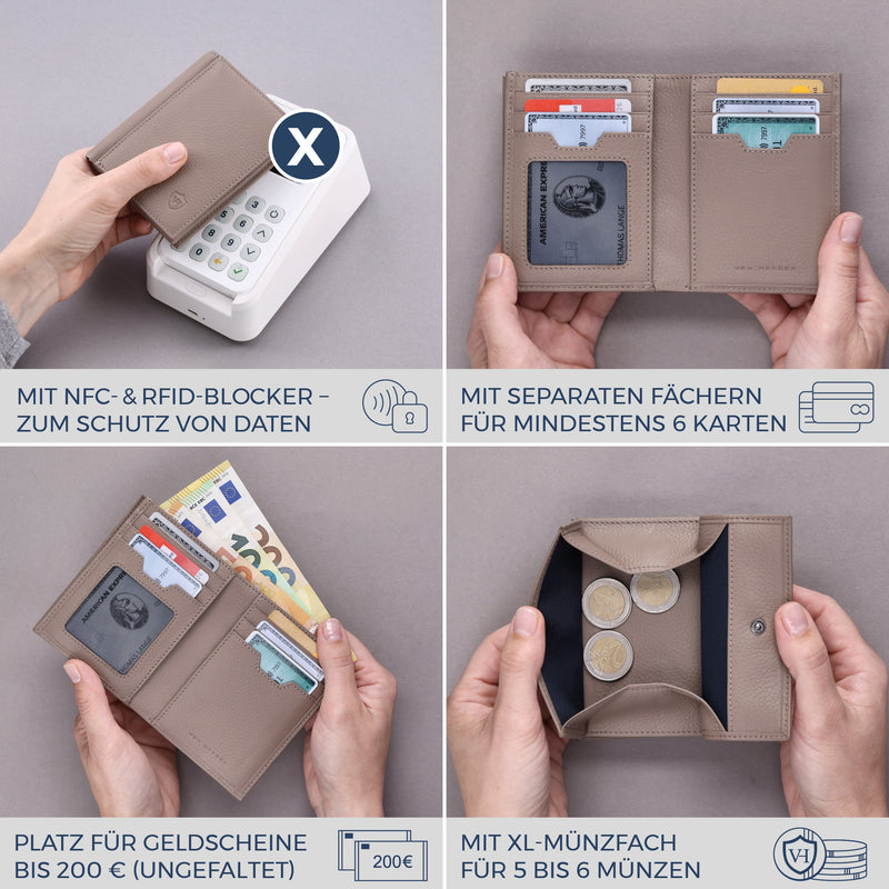 Geldbörse mit RFID-Schutz, 8 Kartenfächer und XXL-Münzfach (Genarbt)