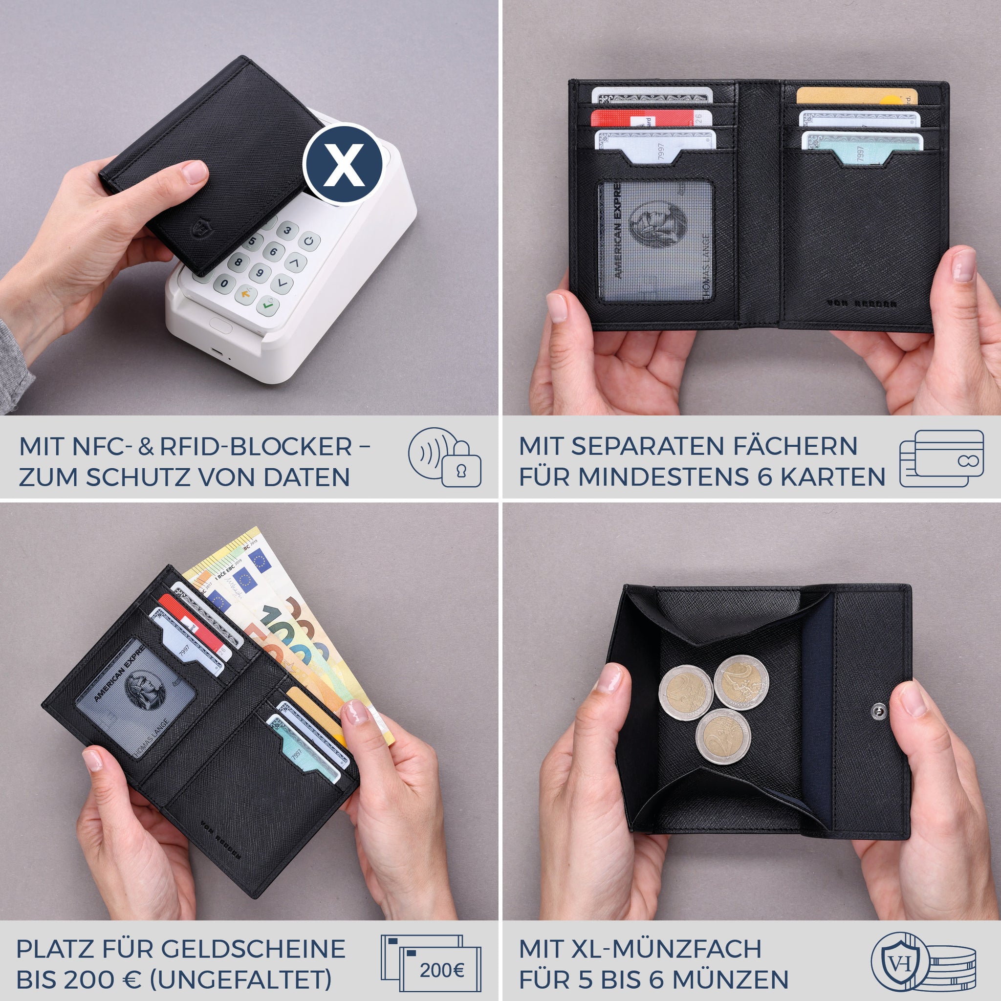 Geldbörse mit RFID-Schutz, 8 Kartenfächer und XXL-Münzfach (Saffiano)