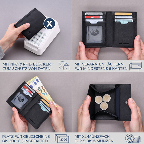 Geldbörse mit RFID-Schutz, 8 Kartenfächer und XXL-Münzfach