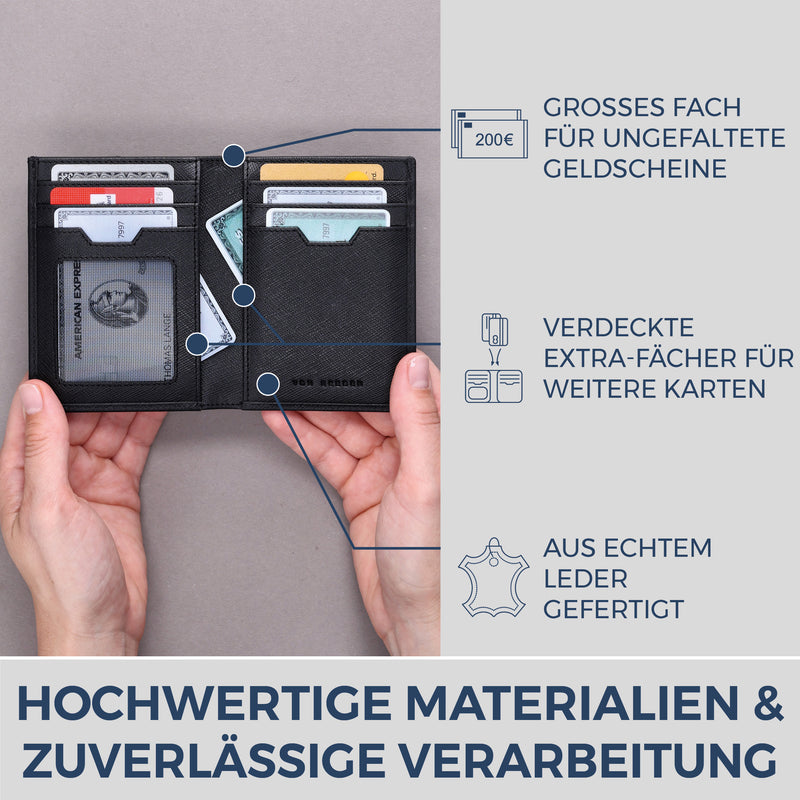Geldbörse mit RFID-Schutz, 8 Kartenfächer und XXL-Münzfach (Saffiano)