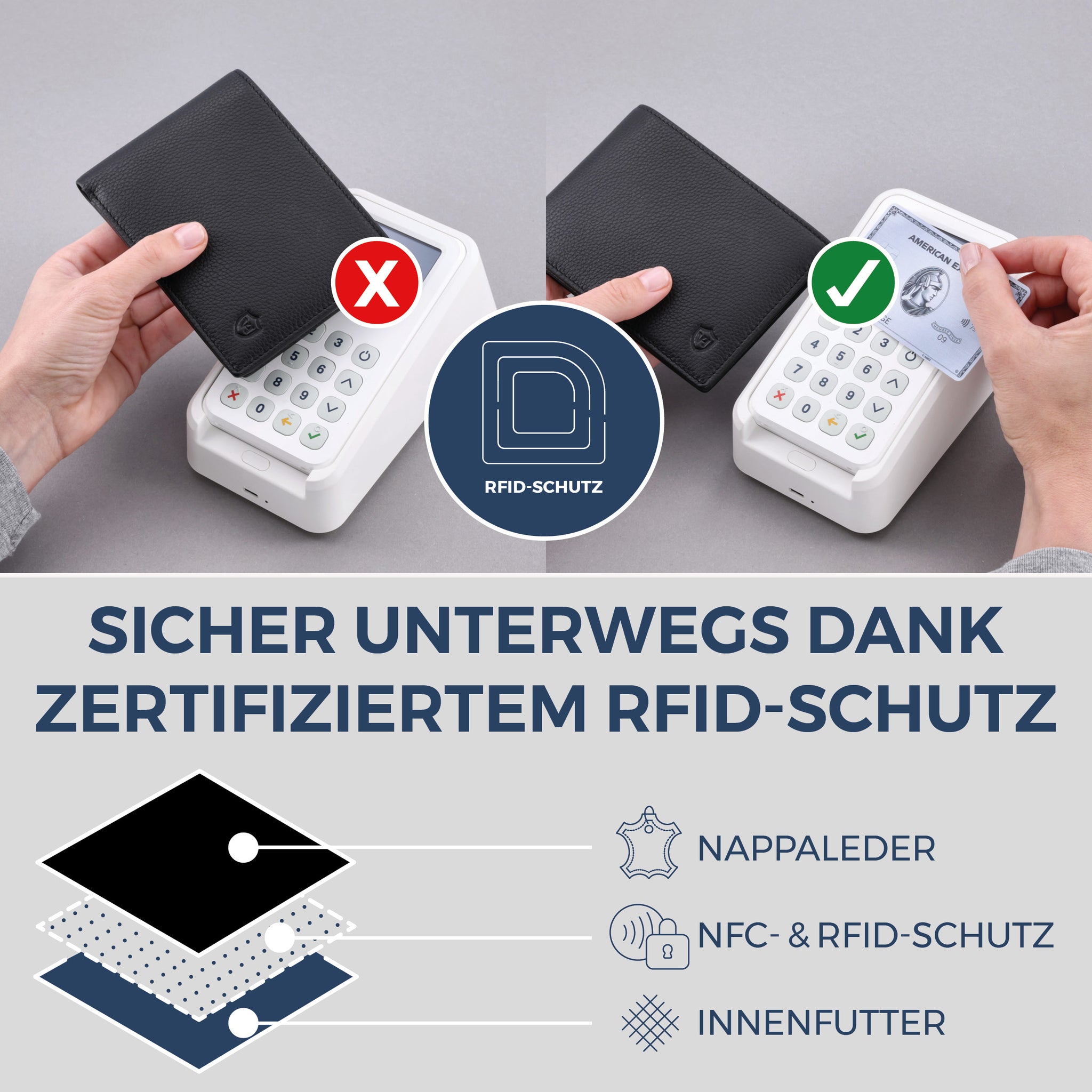 Geldbörse mit RFID-Schutz & 8 Kartenfächer (Genarbt)
