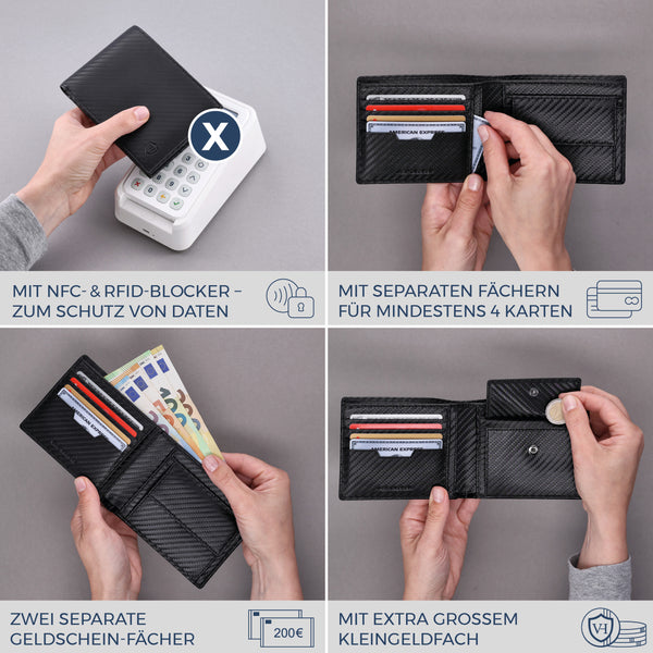 Geldbörse mit RFID-Schutz & 8 Kartenfächer (Carbon)