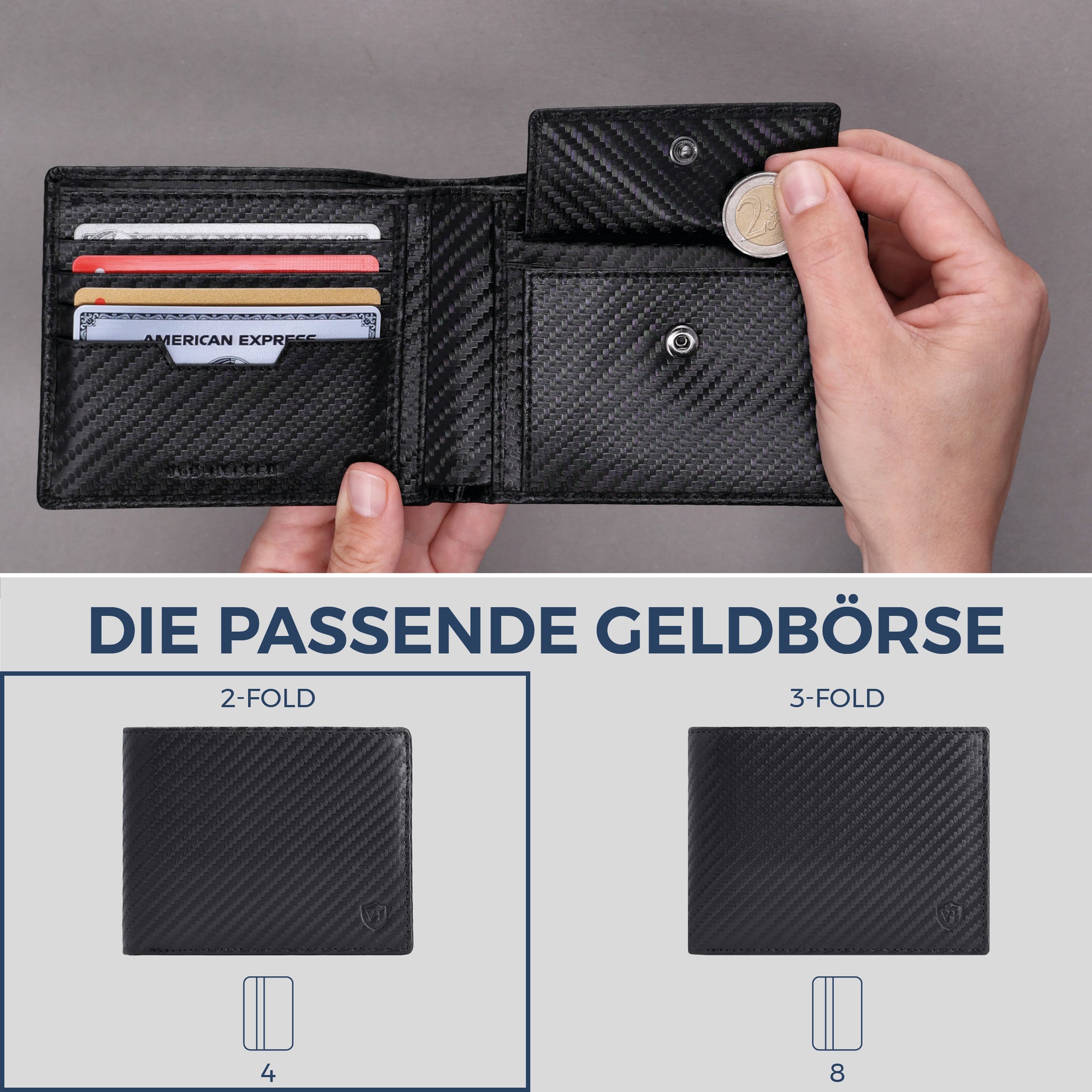 Geldbörse mit RFID-Schutz & 8 Kartenfächer (Carbon)