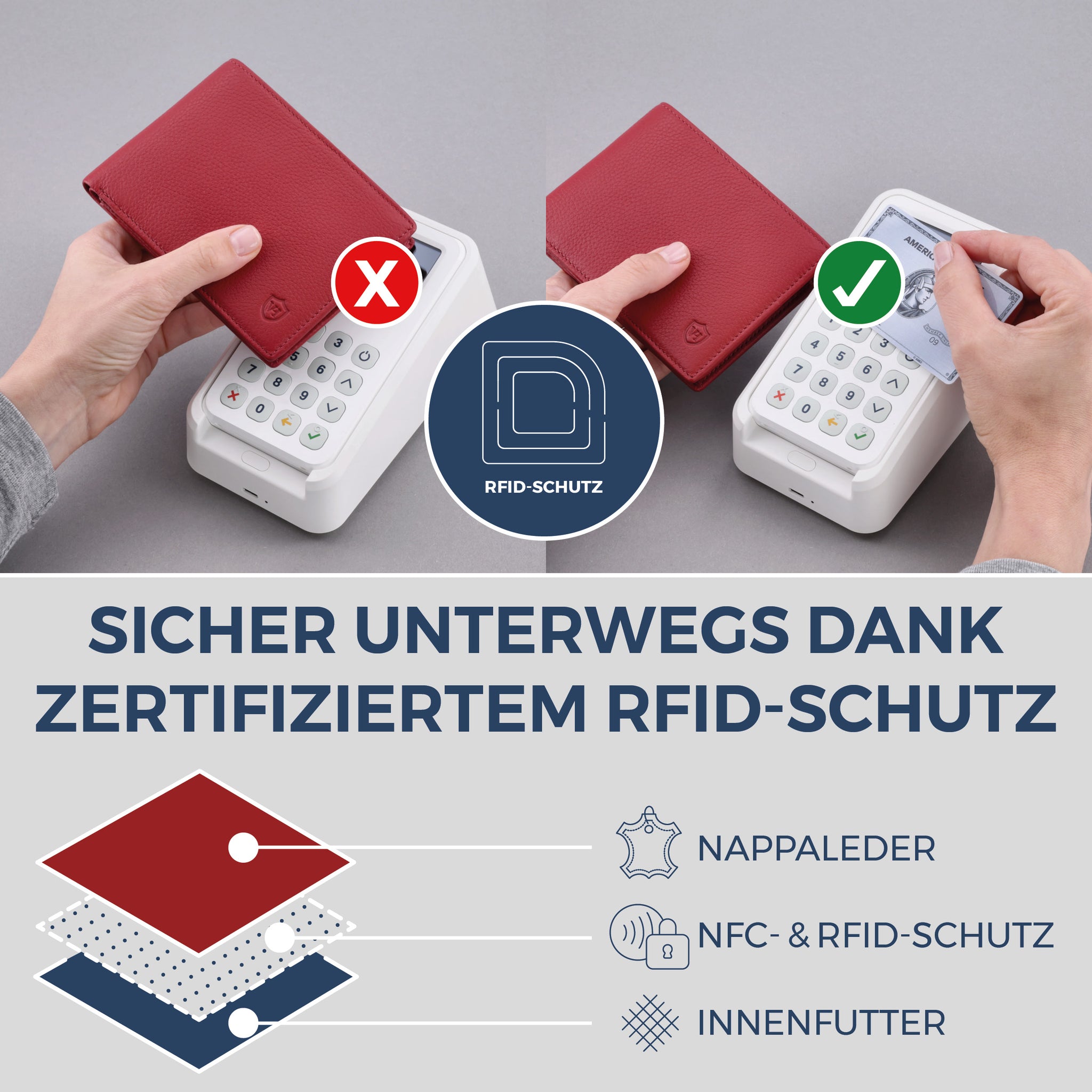 Geldbörse mit RFID-Schutz & 8 Kartenfächer (Genarbt)