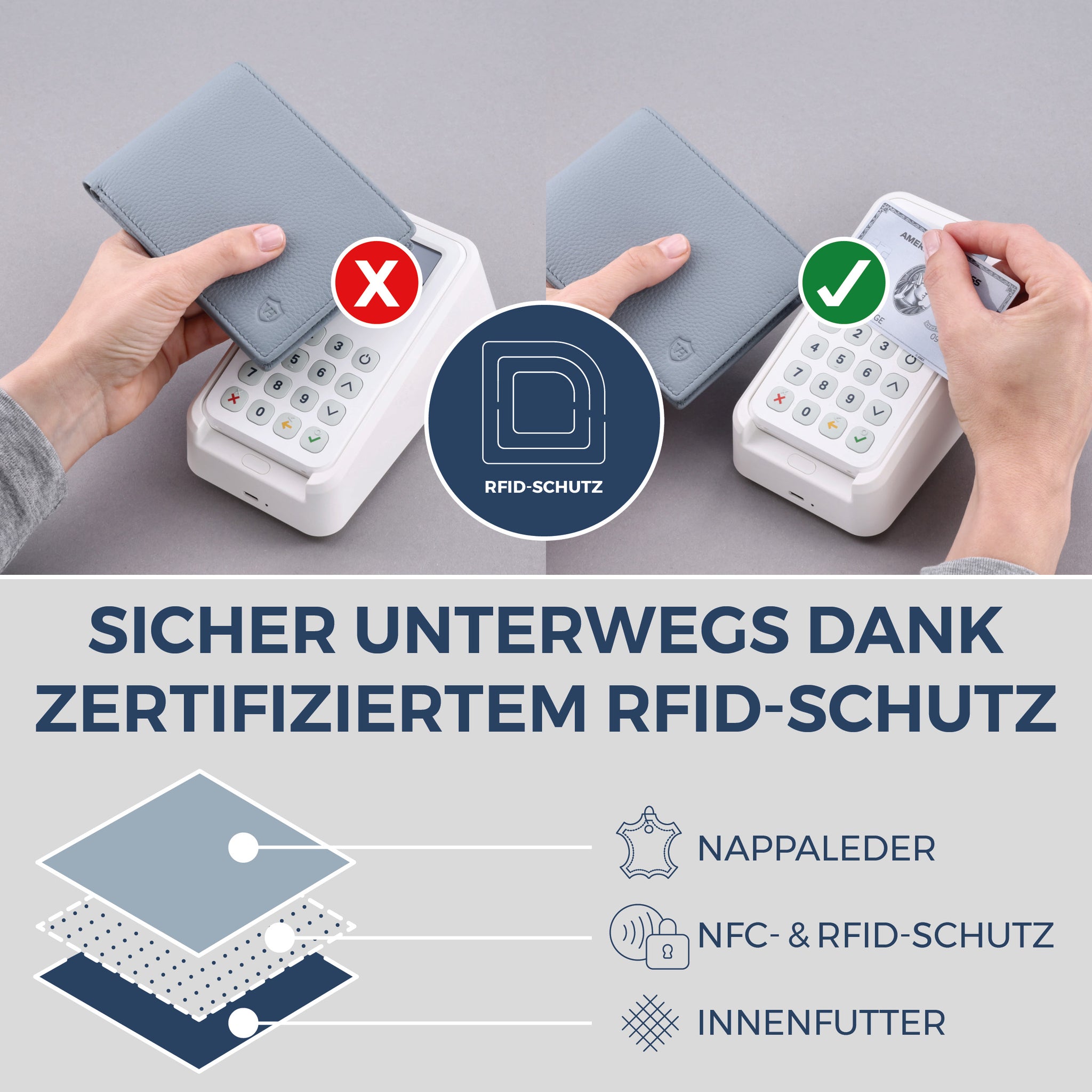 Geldbörse mit RFID-Schutz & 8 Kartenfächer (Genarbt)