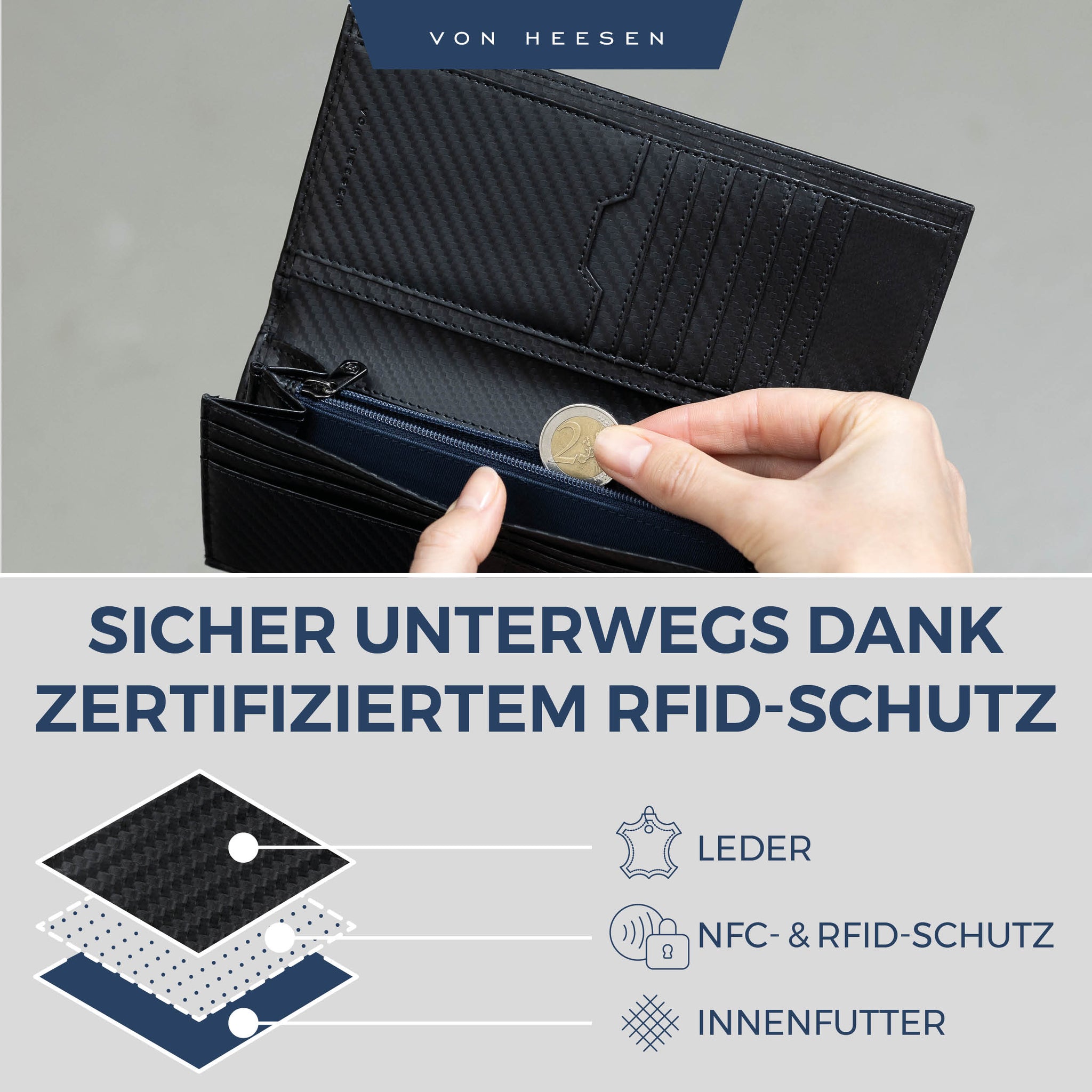 Geldbörse mit RFID-Schutz & 14 Kartenfächer (Genarbt)