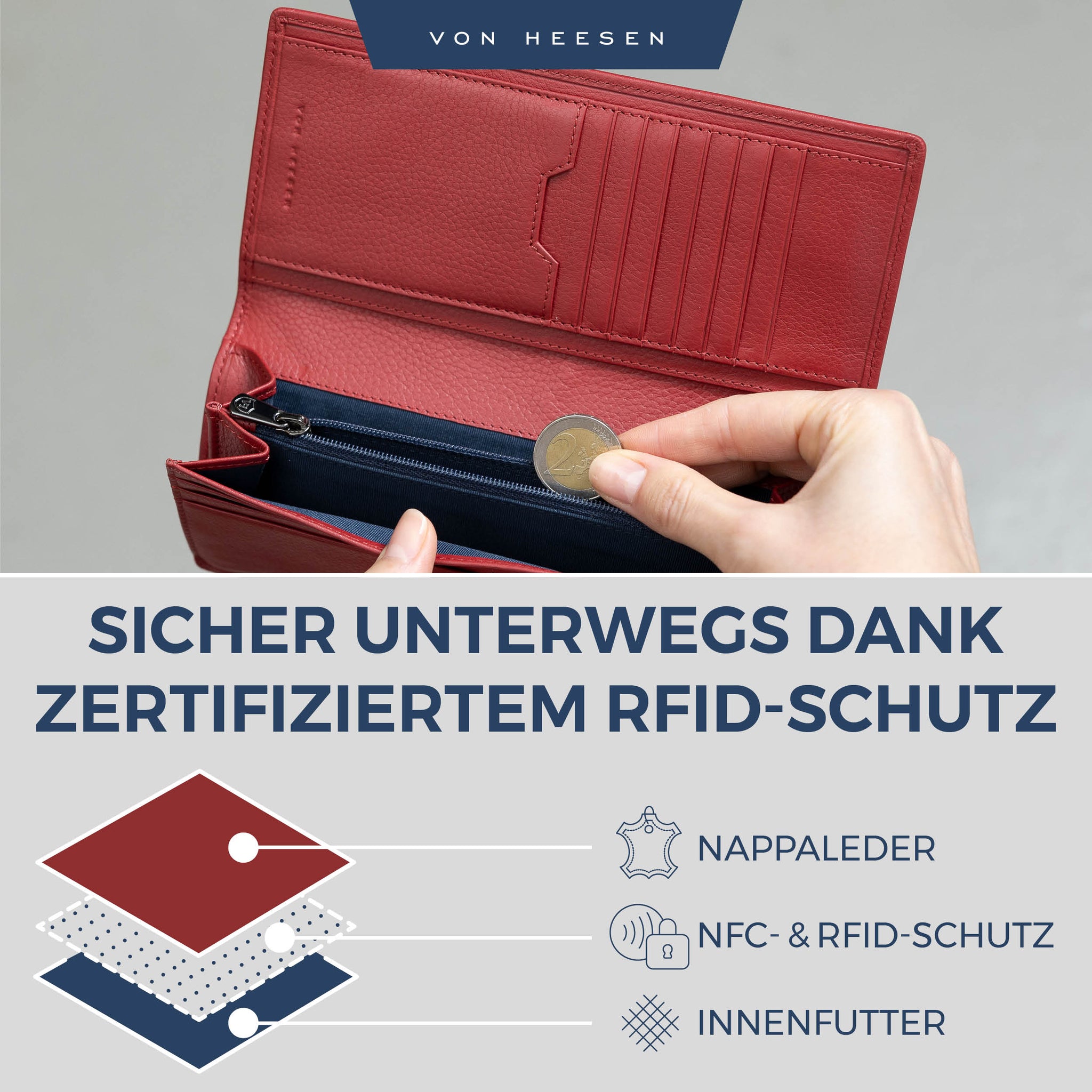 Geldbörse mit RFID-Schutz & 14 Kartenfächer (Genarbt)