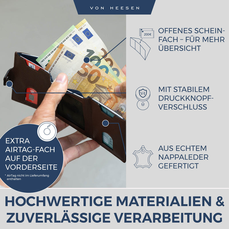 Airtag Slim Wallet mit RFID-Schutz, 5 Kartenfächer und XXL-Münzfach