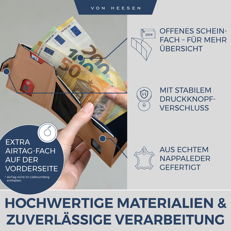 Airtag Slim Wallet mit RFID-Schutz, 5 Kartenfächer und XXL-Münzfach