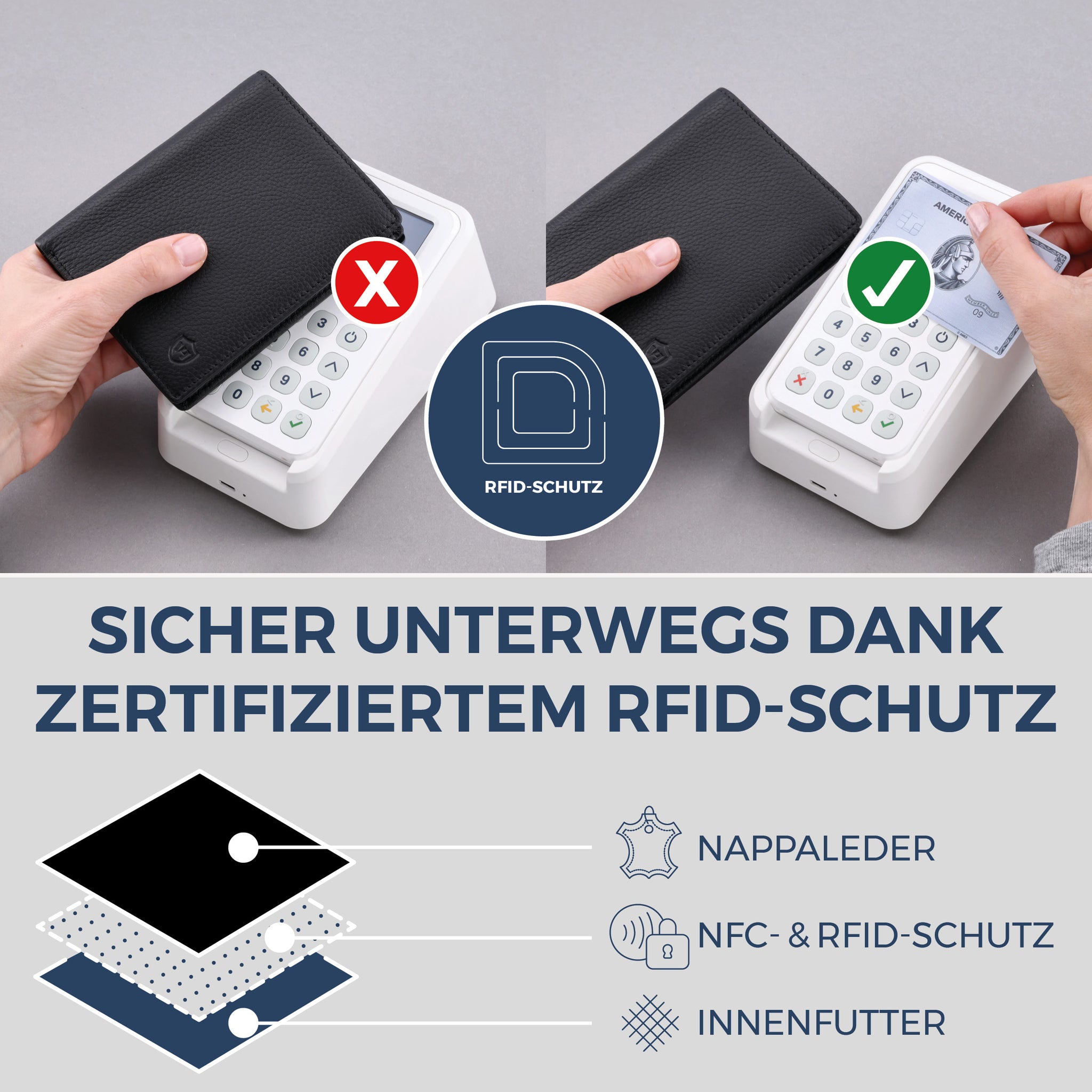 Geldbörse mit RFID-Schutz & 8 Kartenfächer (Genarbt)