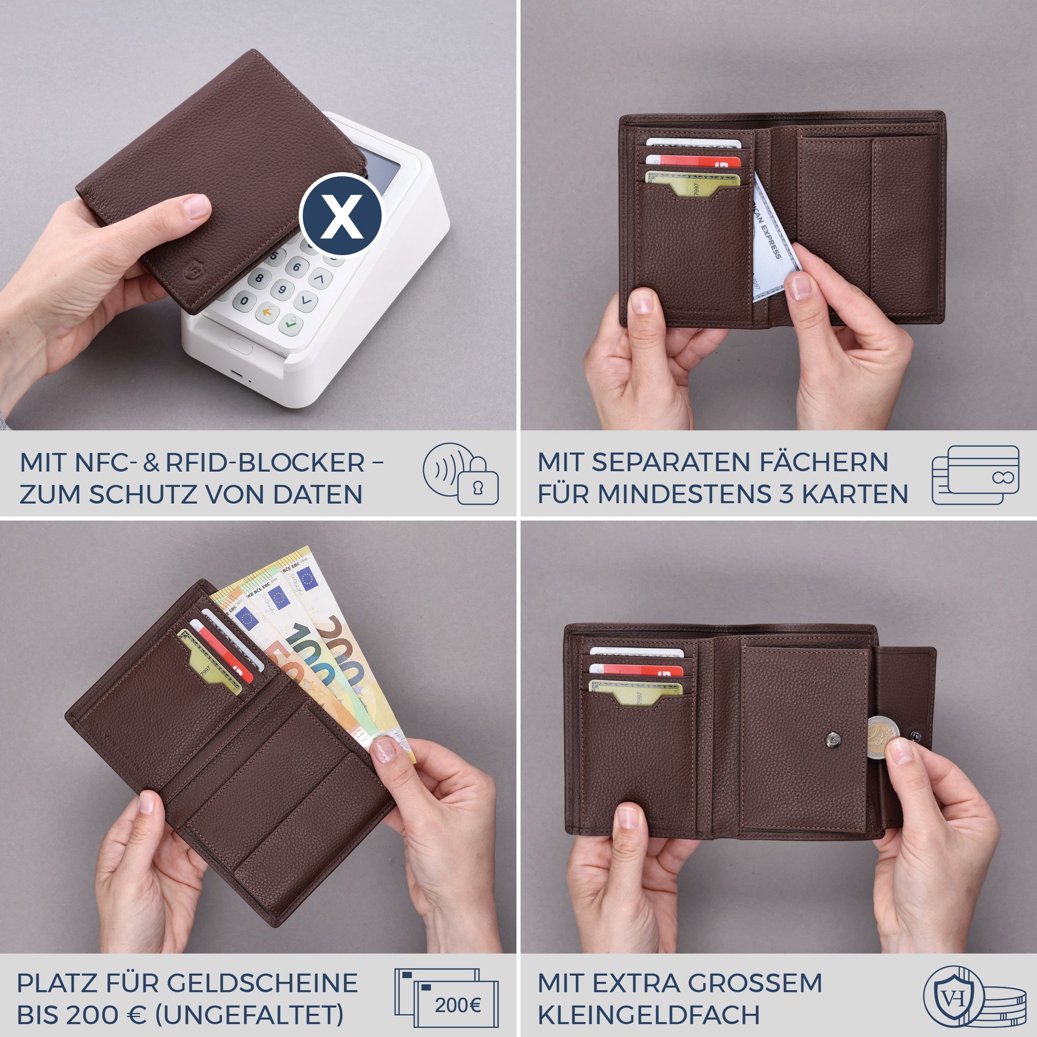 Geldbörse mit RFID-Schutz & 8 Kartenfächer (Genarbt)