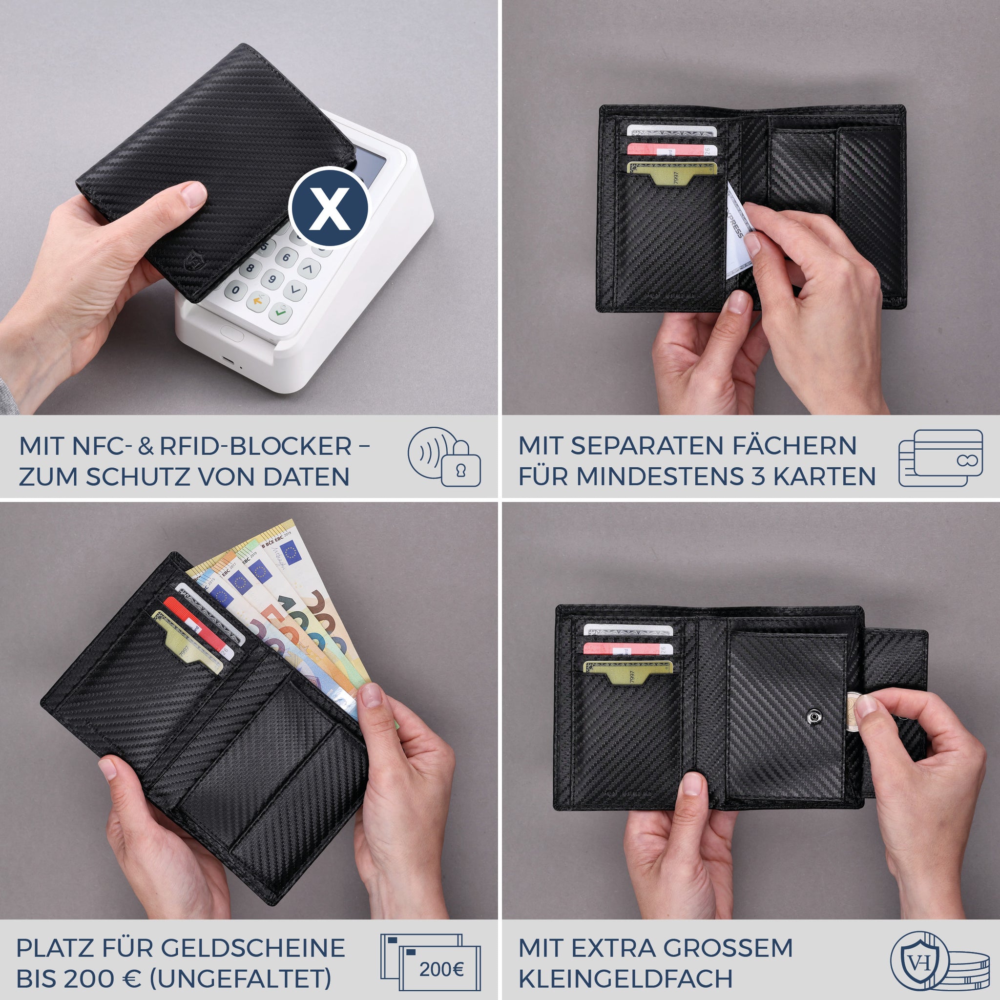 Geldbörse mit RFID-Schutz & 8 Kartenfächer (Carbon)