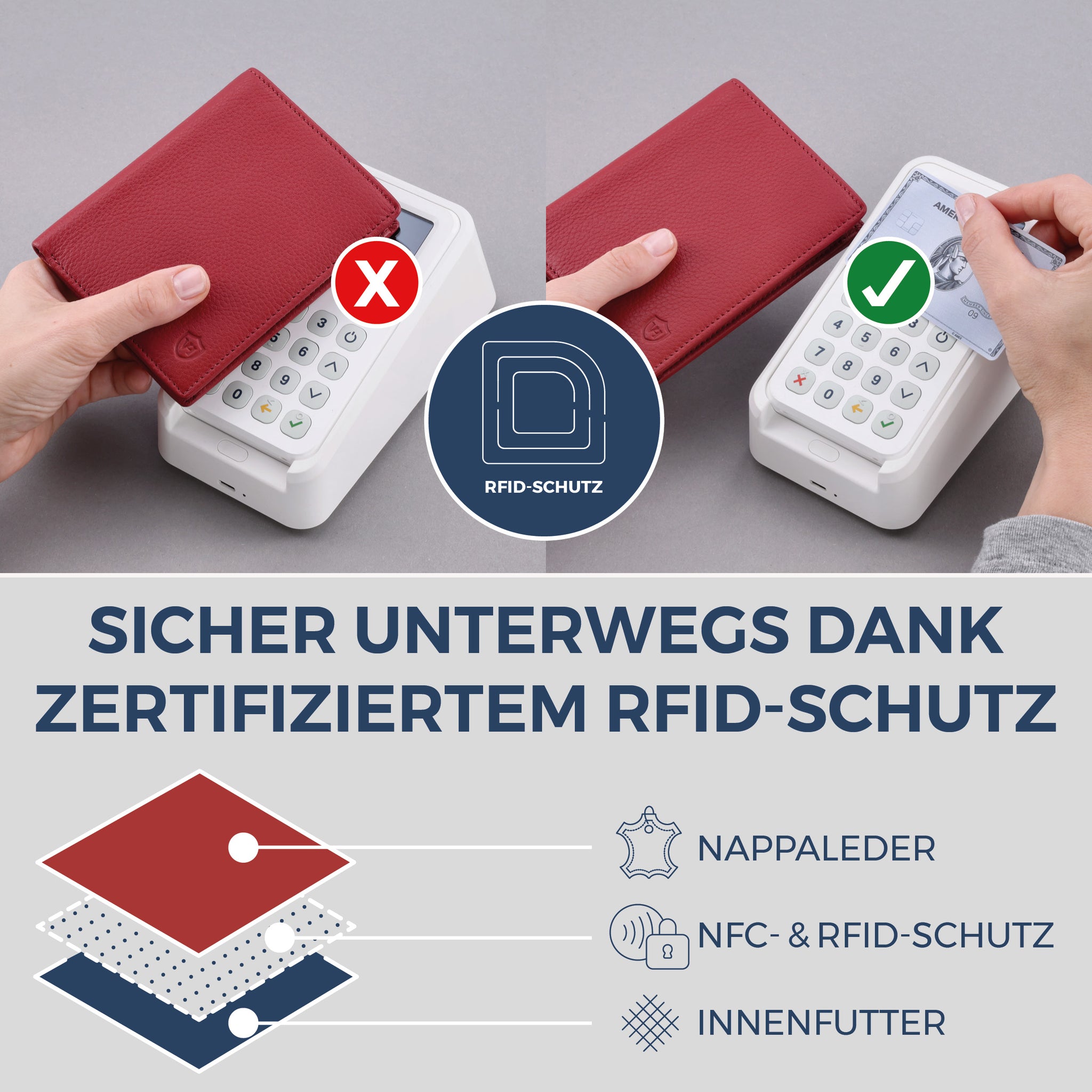 Geldbörse mit RFID-Schutz & 8 Kartenfächer (Genarbt)