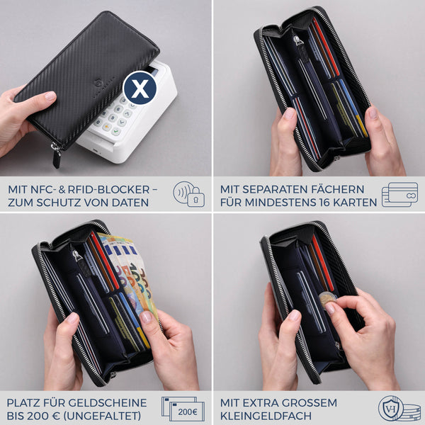 Geldbörse mit RFID-Schutz & 1 Hauptfach (Carbon)