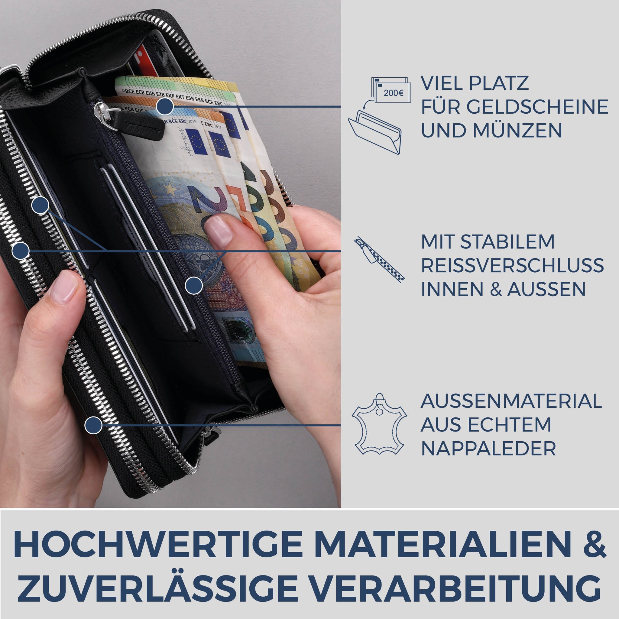 Geldbörse mit RFID-Schutz & 2 Hauptfächer (Genarbt)