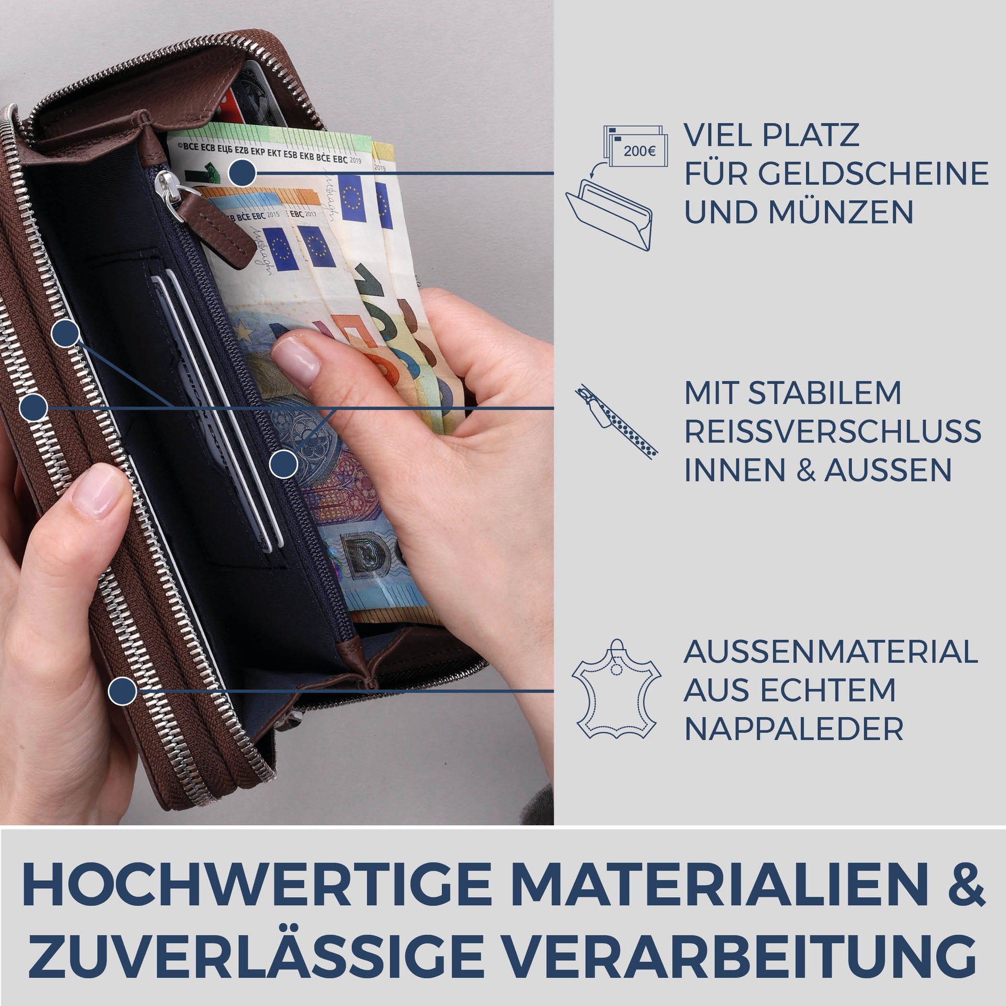 Geldbörse mit RFID-Schutz & 2 Hauptfächer (Genarbt)