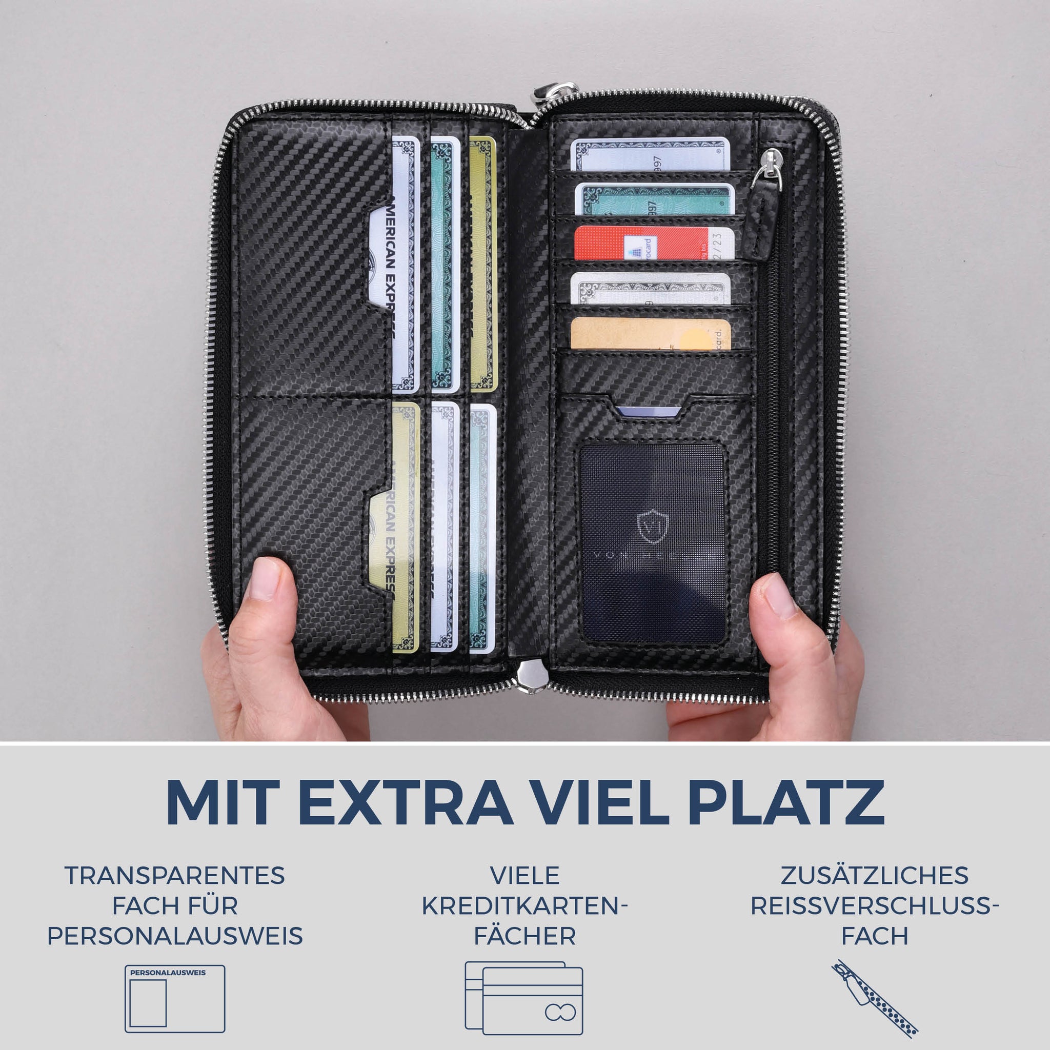Geldbörse mit RFID-Schutz & 2 Hauptfächer (Carbon)
