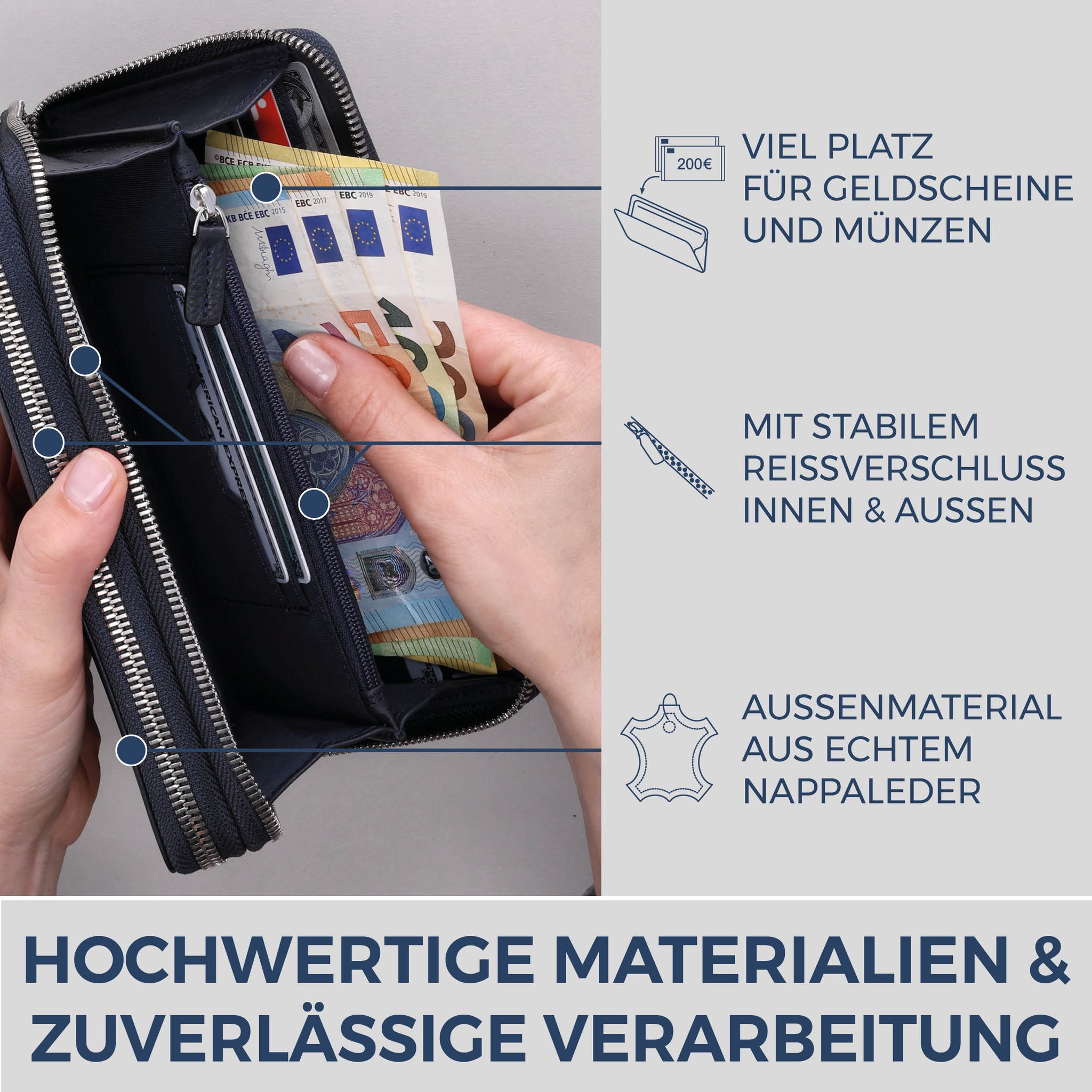 Geldbörse mit RFID-Schutz & 2 Hauptfächer (Genarbt)