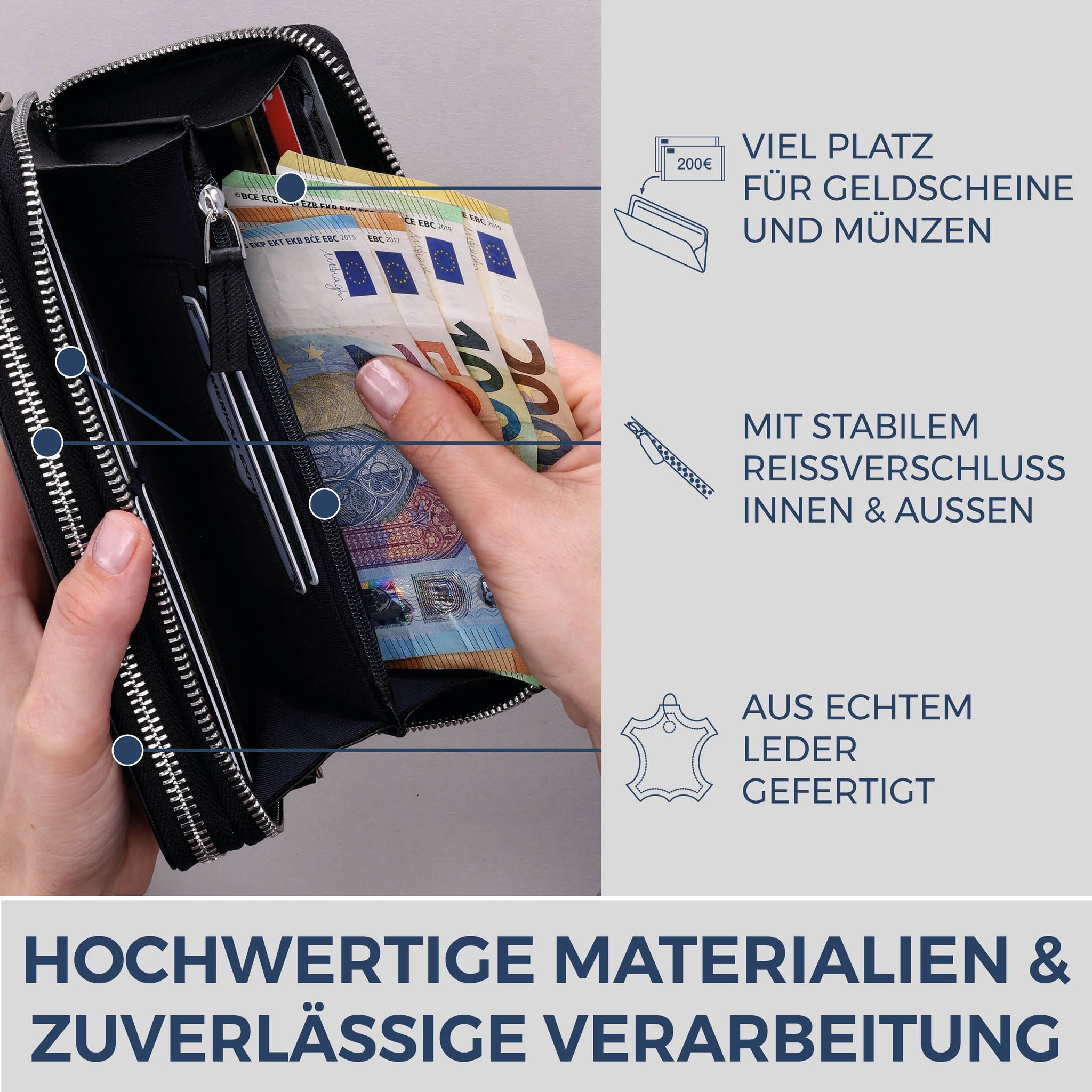 Geldbörse mit RFID-Schutz & 2 Hauptfächer (Saffiano)