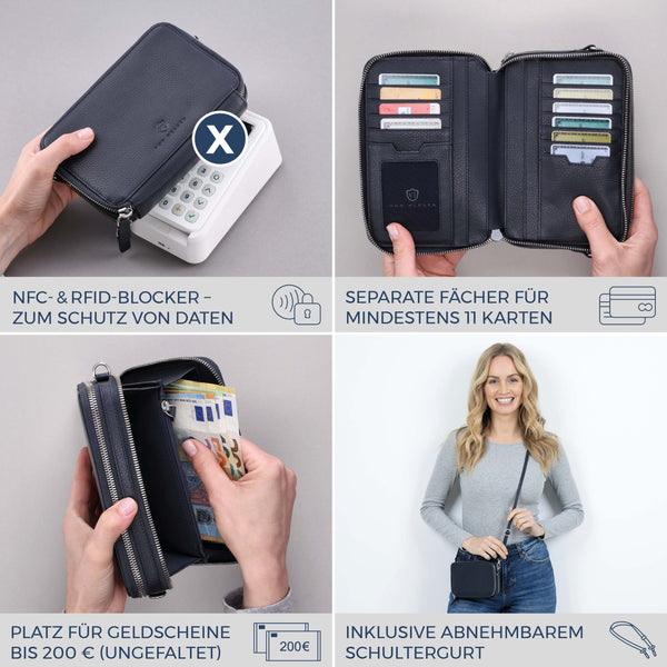 Geldbörse mit RFID-Schutz & 2 Hauptfächer zum Umhängen (Genarbt)