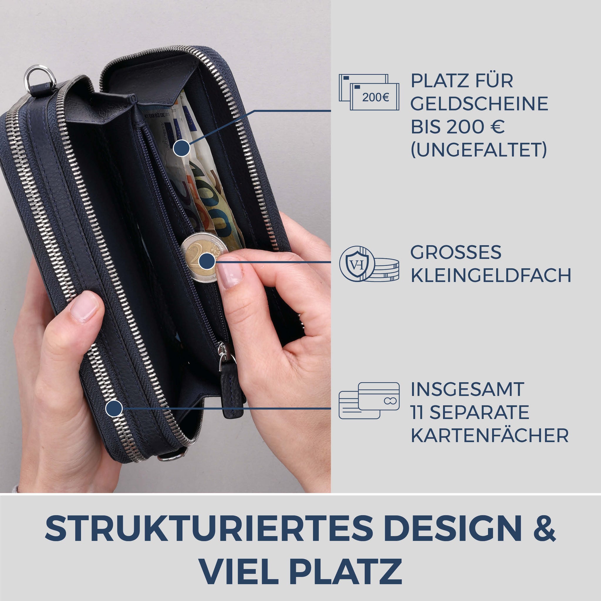 Geldbörse mit RFID-Schutz & 2 Hauptfächer zum Umhängen (Genarbt)