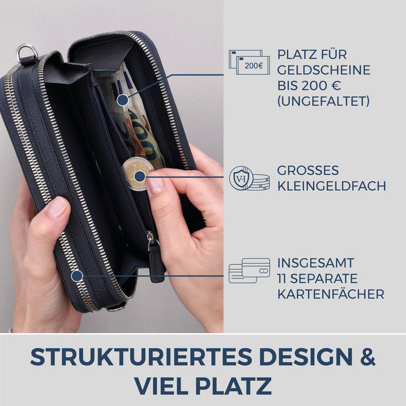 Geldbörse mit RFID-Schutz & 2 Hauptfächer zum Umhängen (Genarbt)