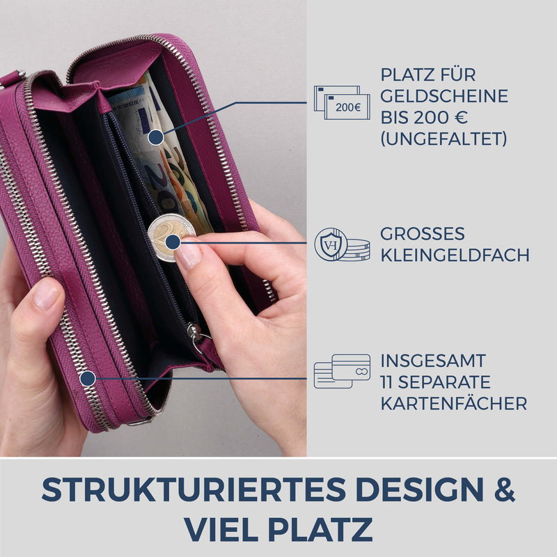 Geldbörse mit RFID-Schutz & 2 Hauptfächer zum Umhängen (Genarbt)