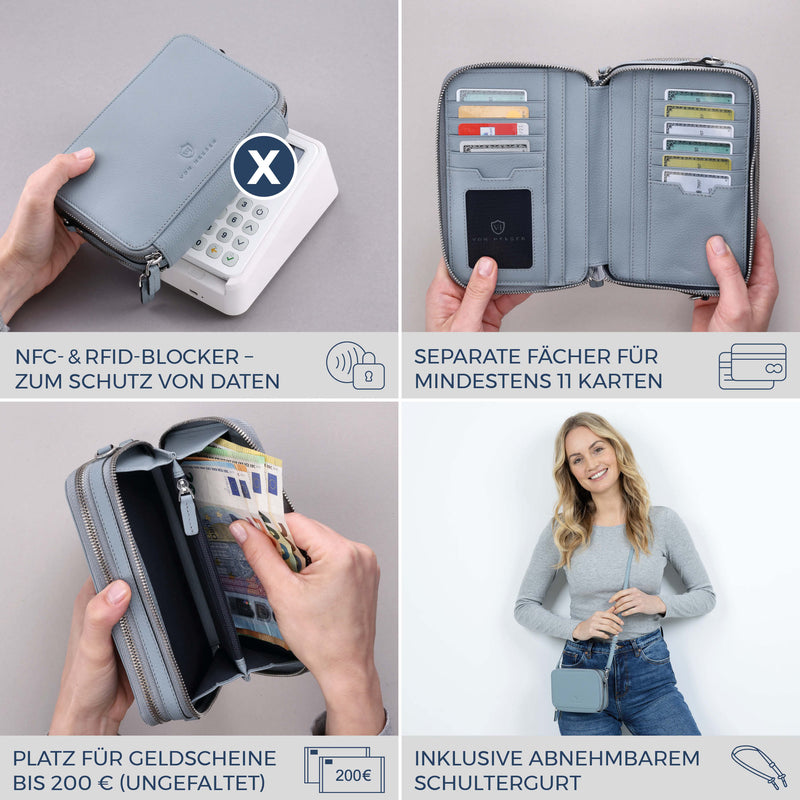 Geldbörse mit RFID-Schutz & 2 Hauptfächer zum Umhängen (Genarbt)