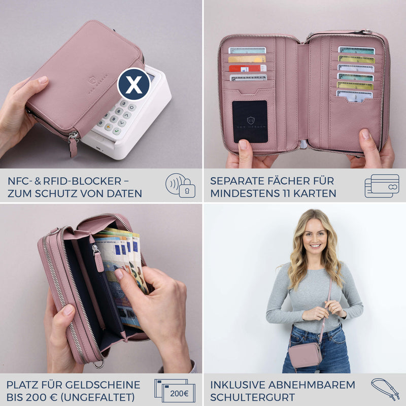 Geldbörse mit RFID-Schutz & 2 Hauptfächer zum Umhängen (Genarbt)