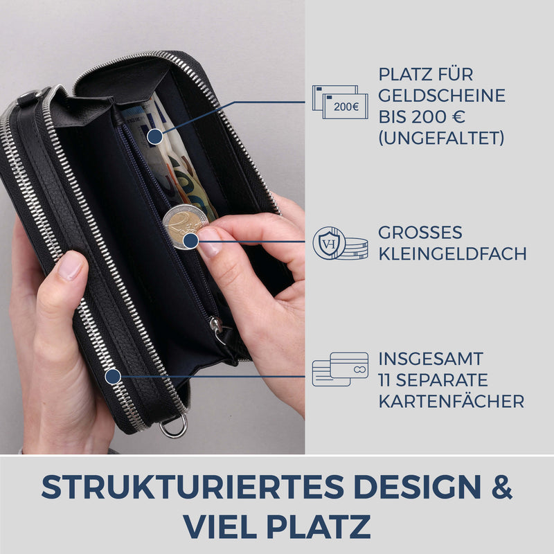 Geldbörse mit RFID-Schutz & 2 Hauptfächer zum Umhängen (Saffiano)