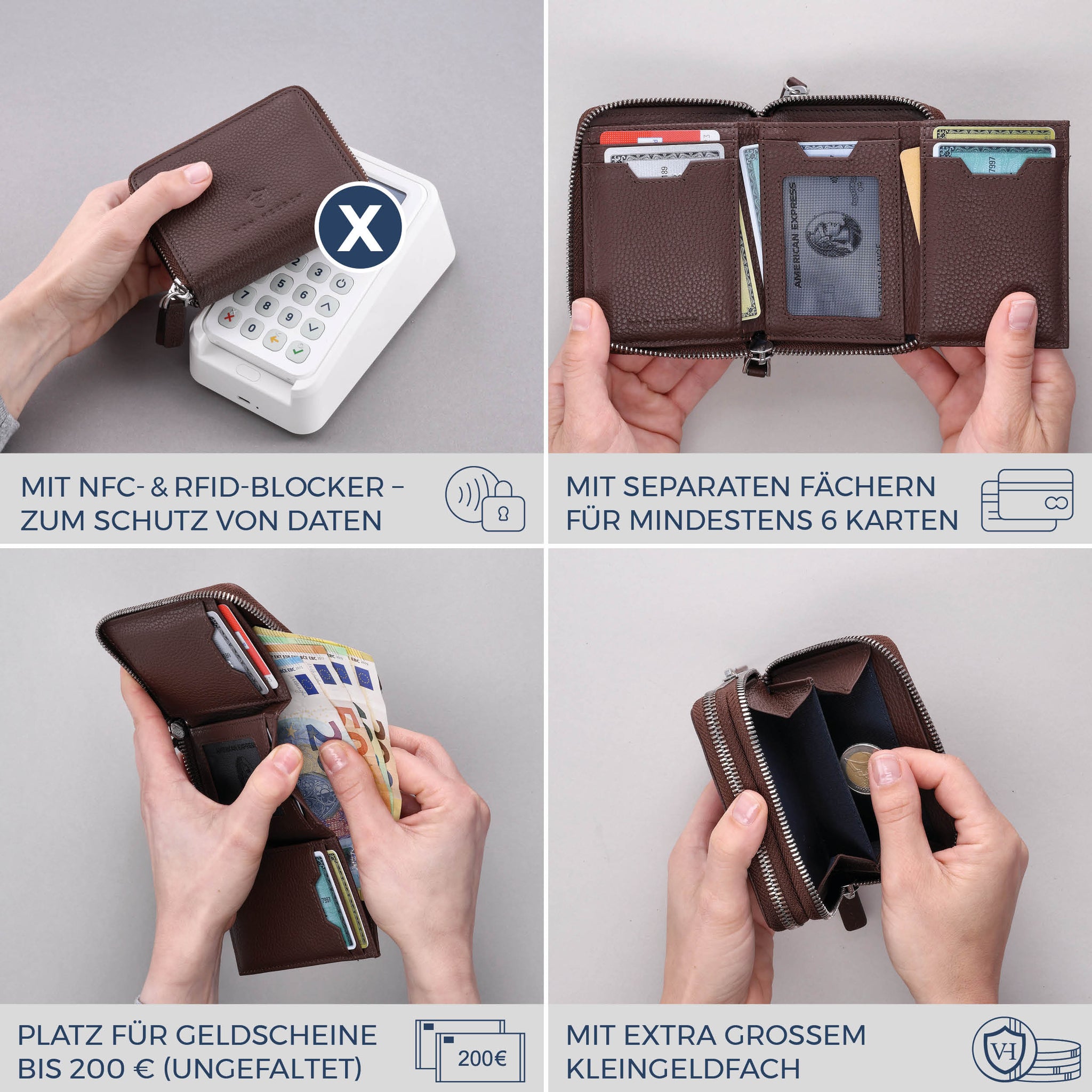 Mini-Geldbörse mit RFID-Schutz und 2 Hauptfächern (Genarbt)