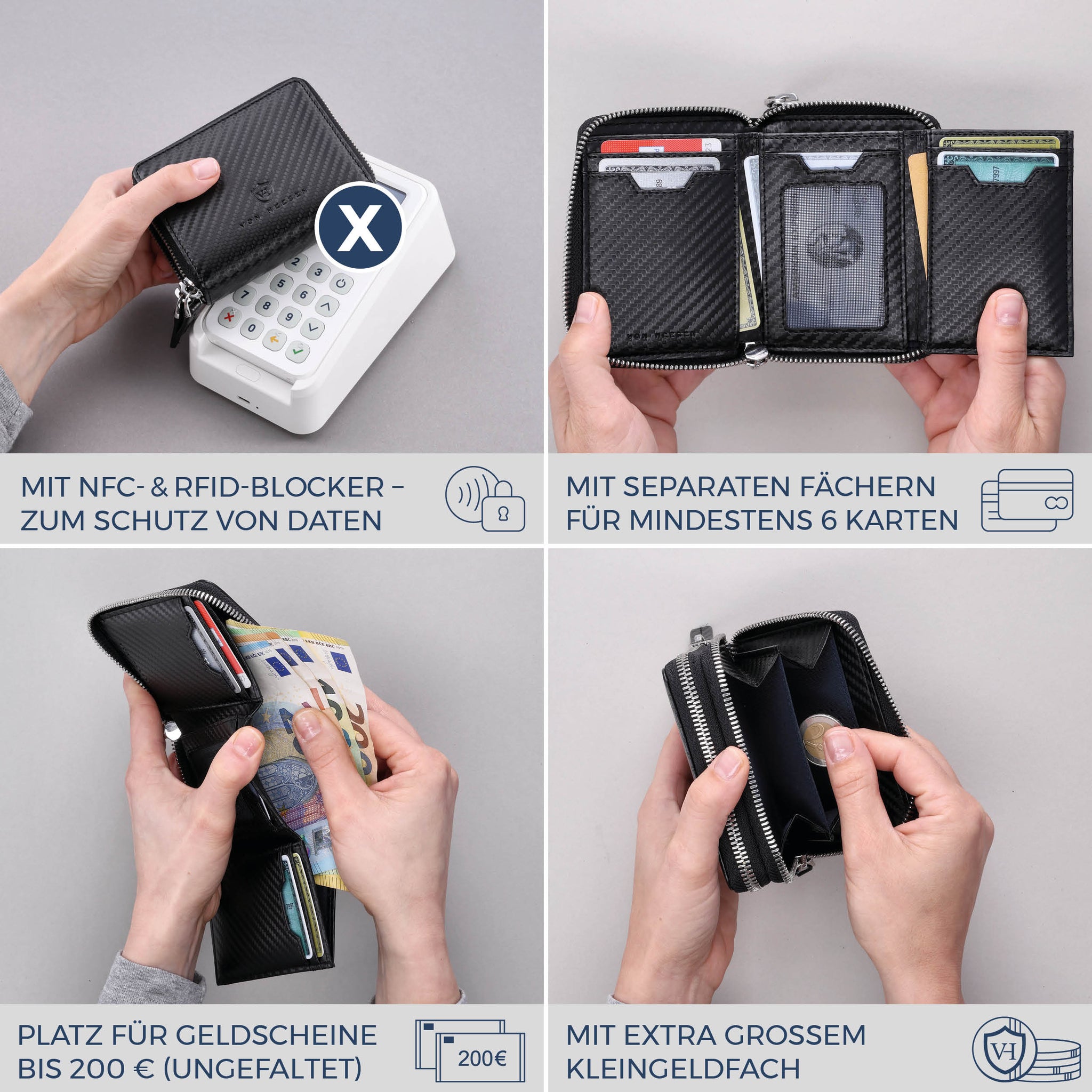 Mini-Geldbörse mit RFID-Schutz und 2 Hauptfächern (Carbon)