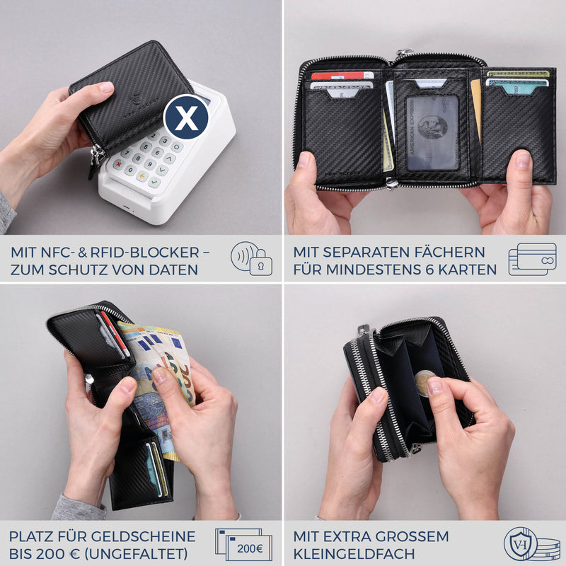 Mini-Geldbörse mit RFID-Schutz und 2 Hauptfächern (Carbon)