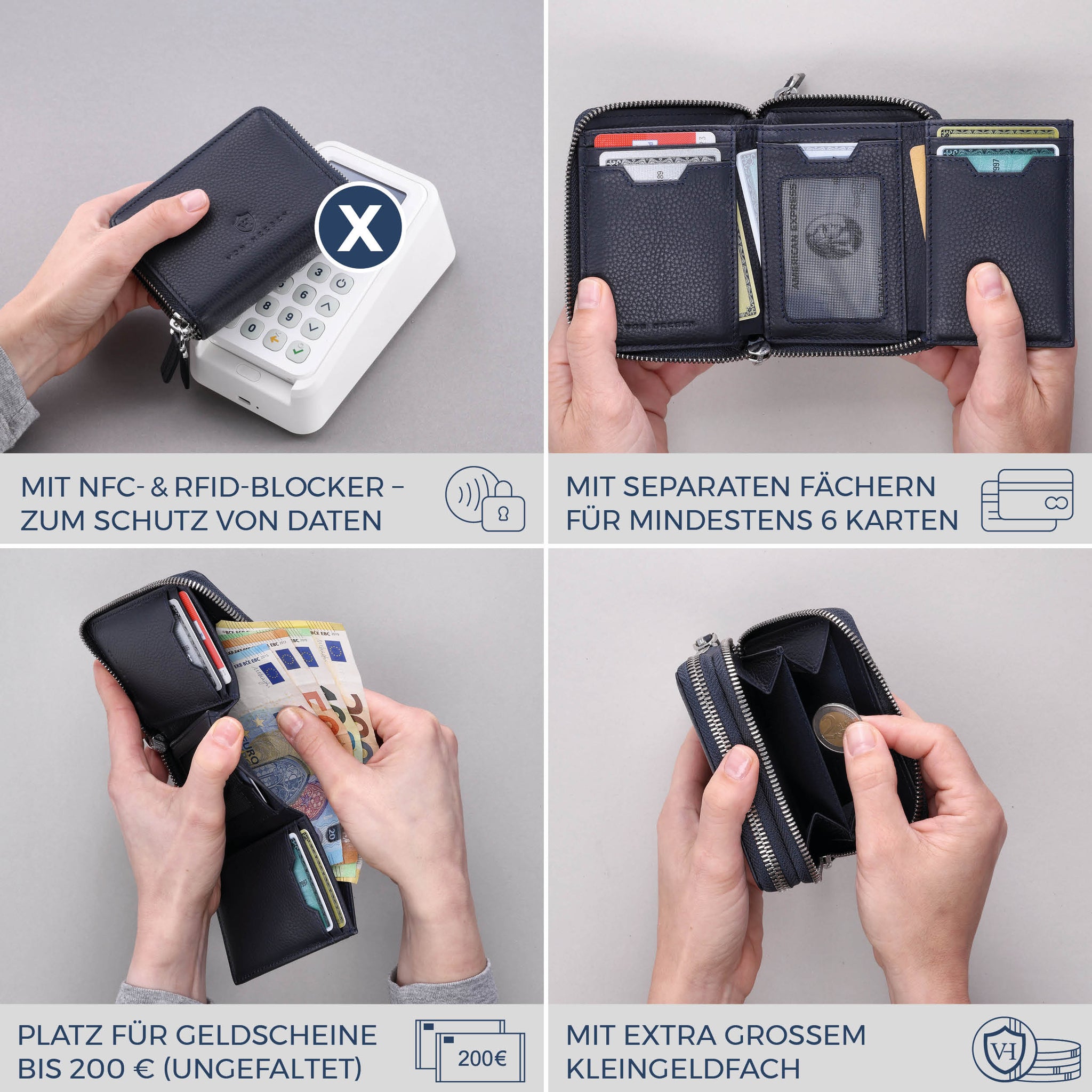 Mini-Geldbörse mit RFID-Schutz und 2 Hauptfächern (Genarbt)